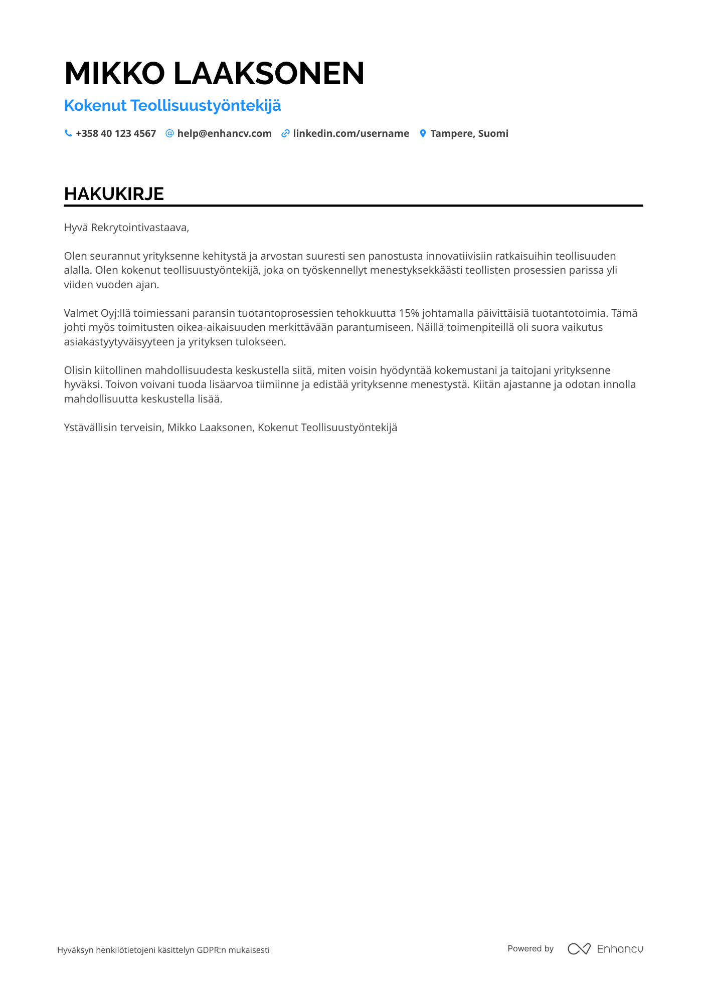 Hakukirje Kokenut Teollisuustyöntekijä Resume Example