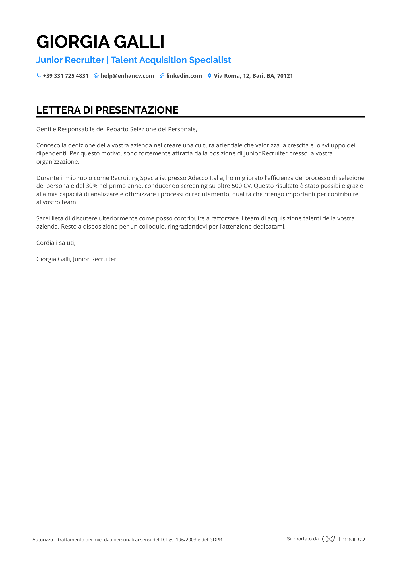 Risorse Umane Junior Resume Example
