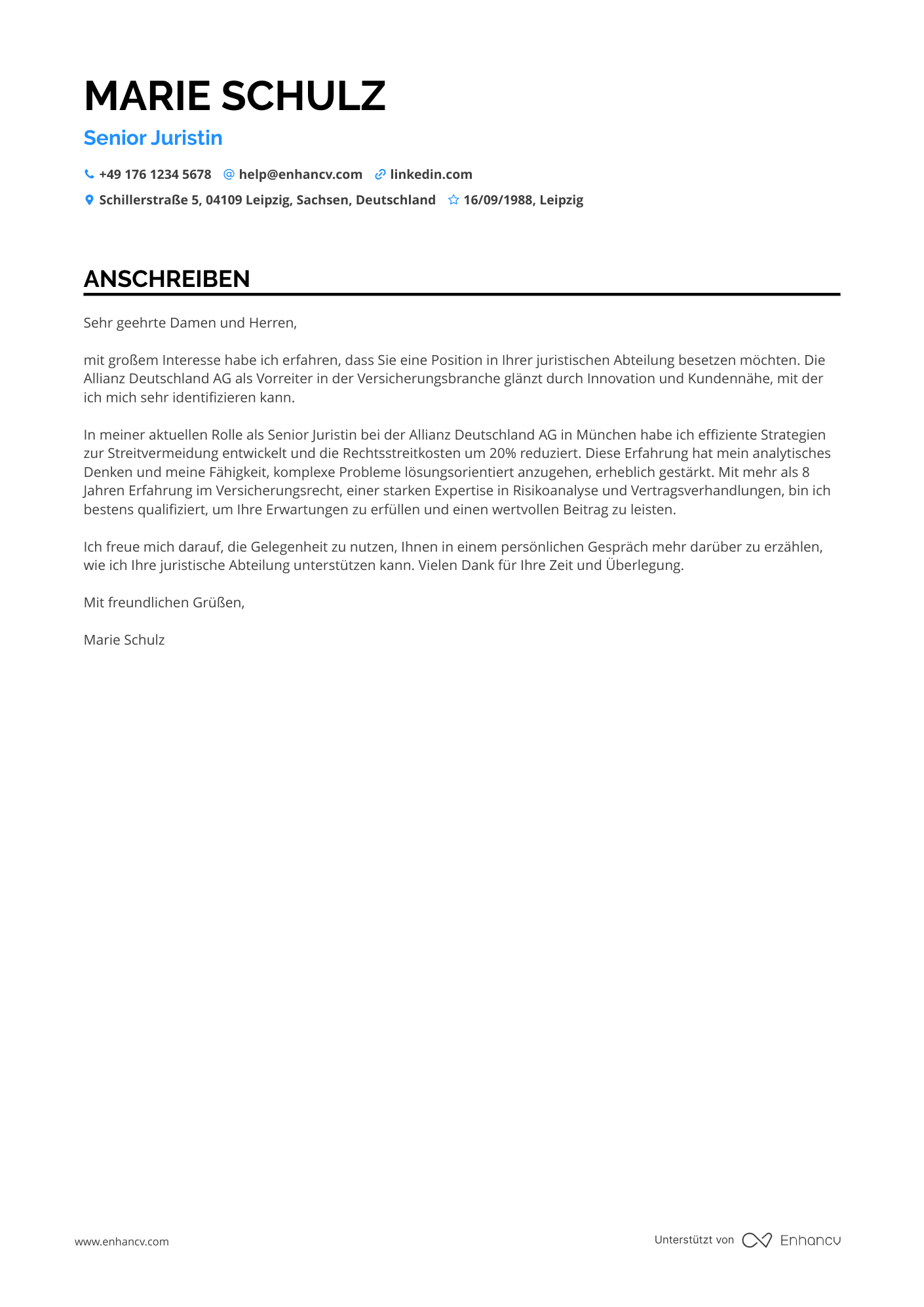 Jurist in der Versicherungsbranche Resume Example