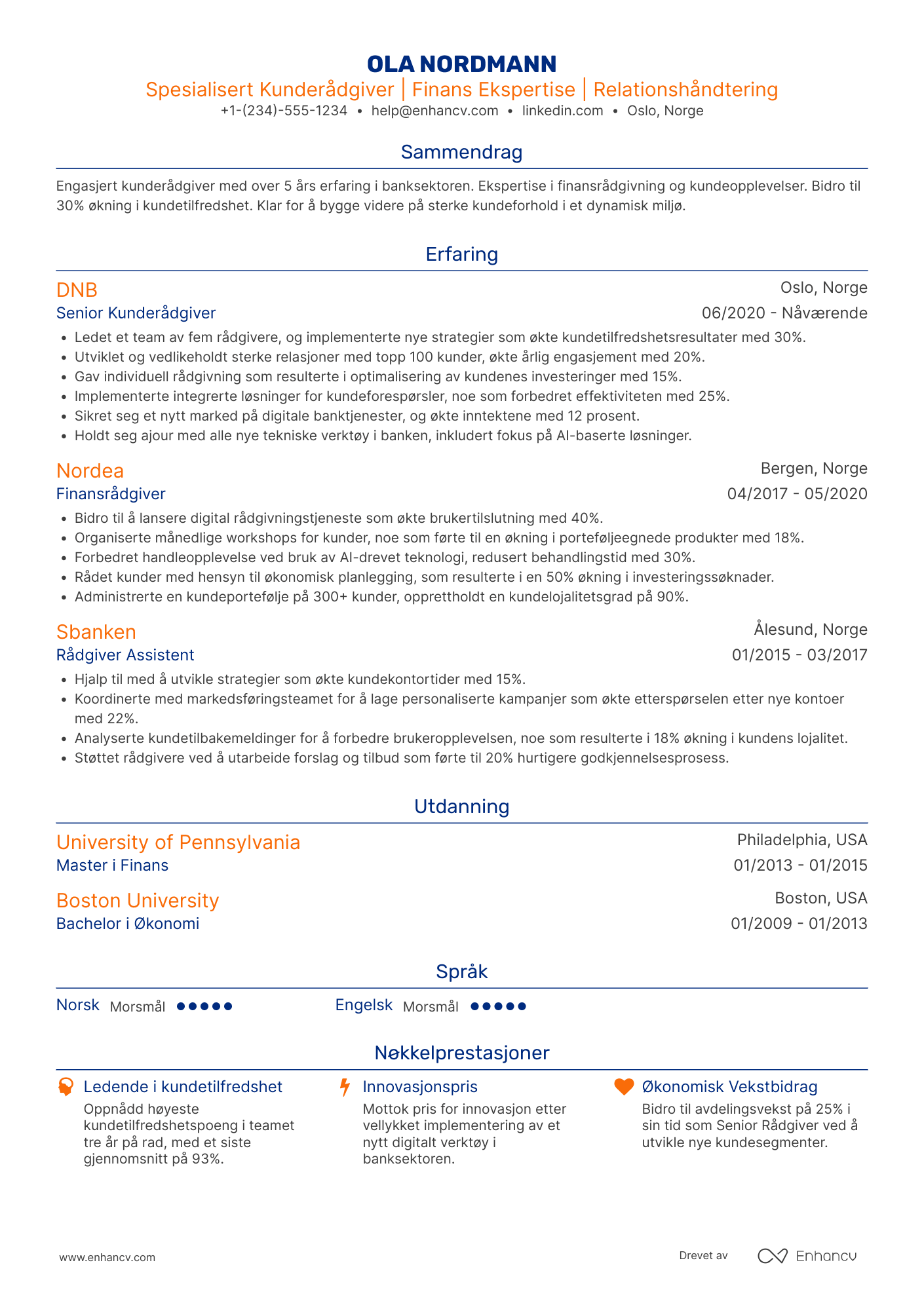 CV for Spesialisert kunderådgiver i bank Resume Example