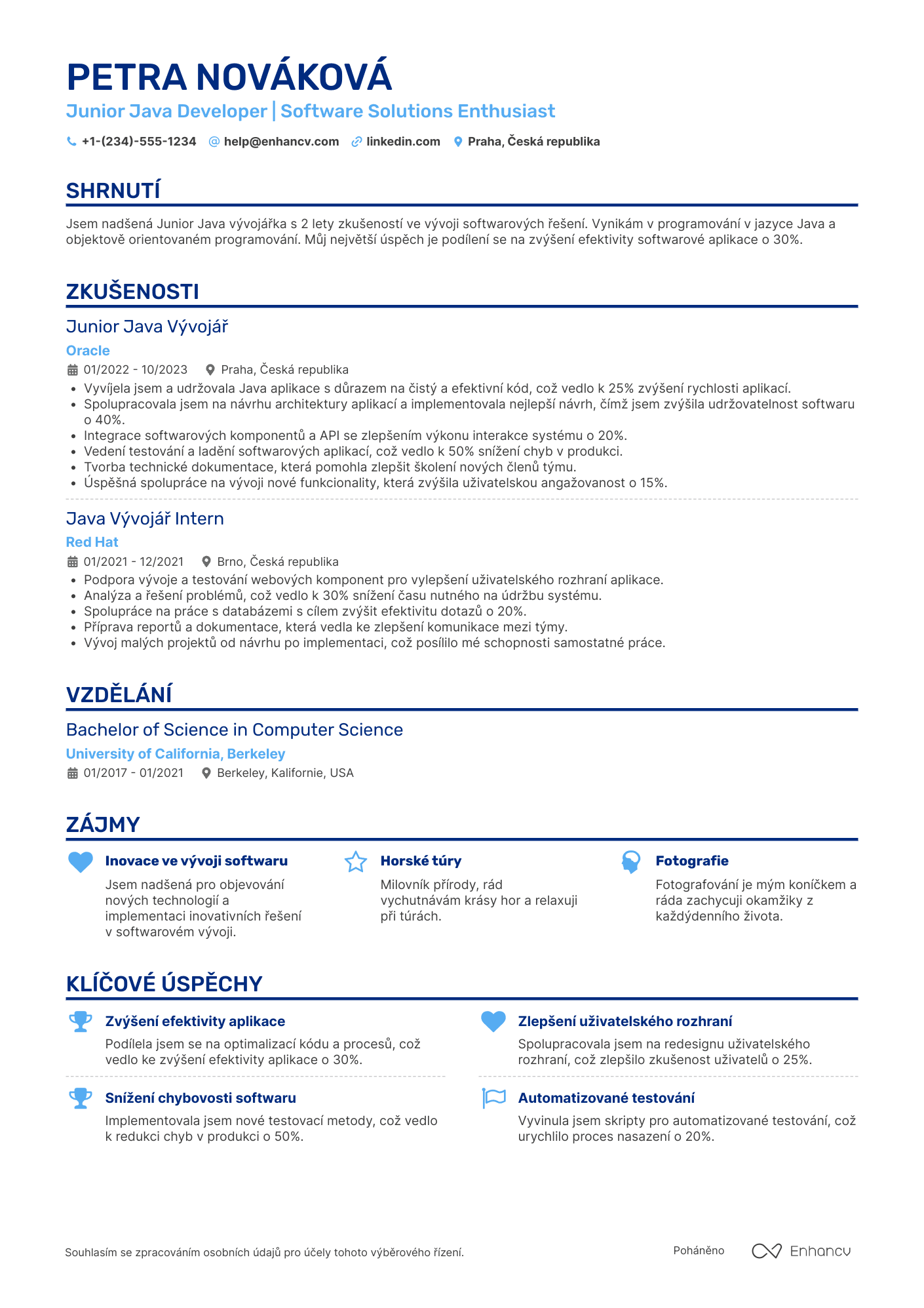 Životopis pro Junior Java vývojář Resume Example