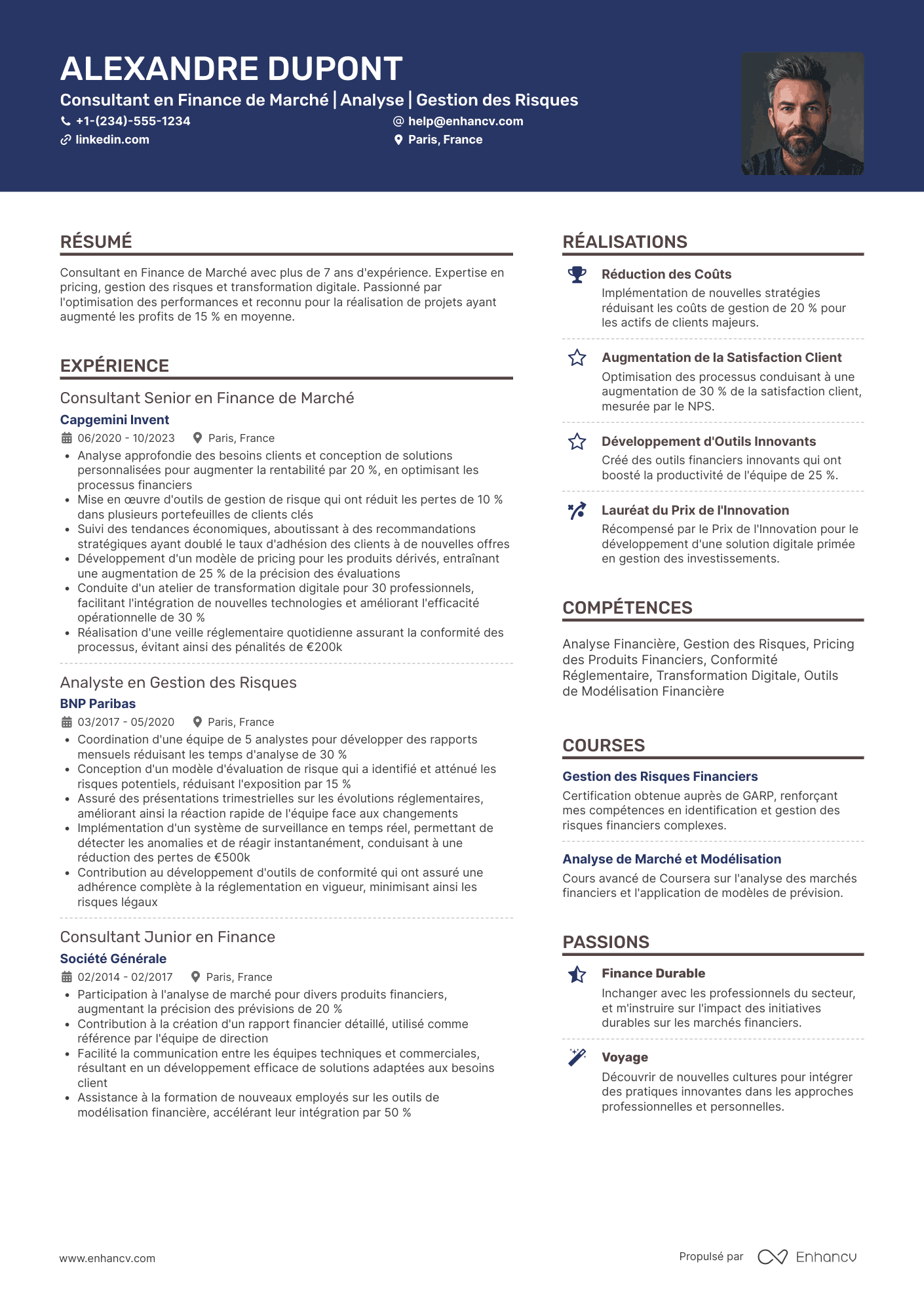 CV de finance de marché Resume Example