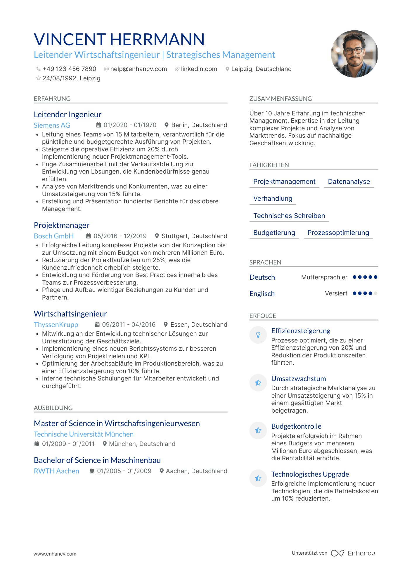 Lebenslauf als Wirtschaftsingenieur mit Führungserfahrung Resume Example
