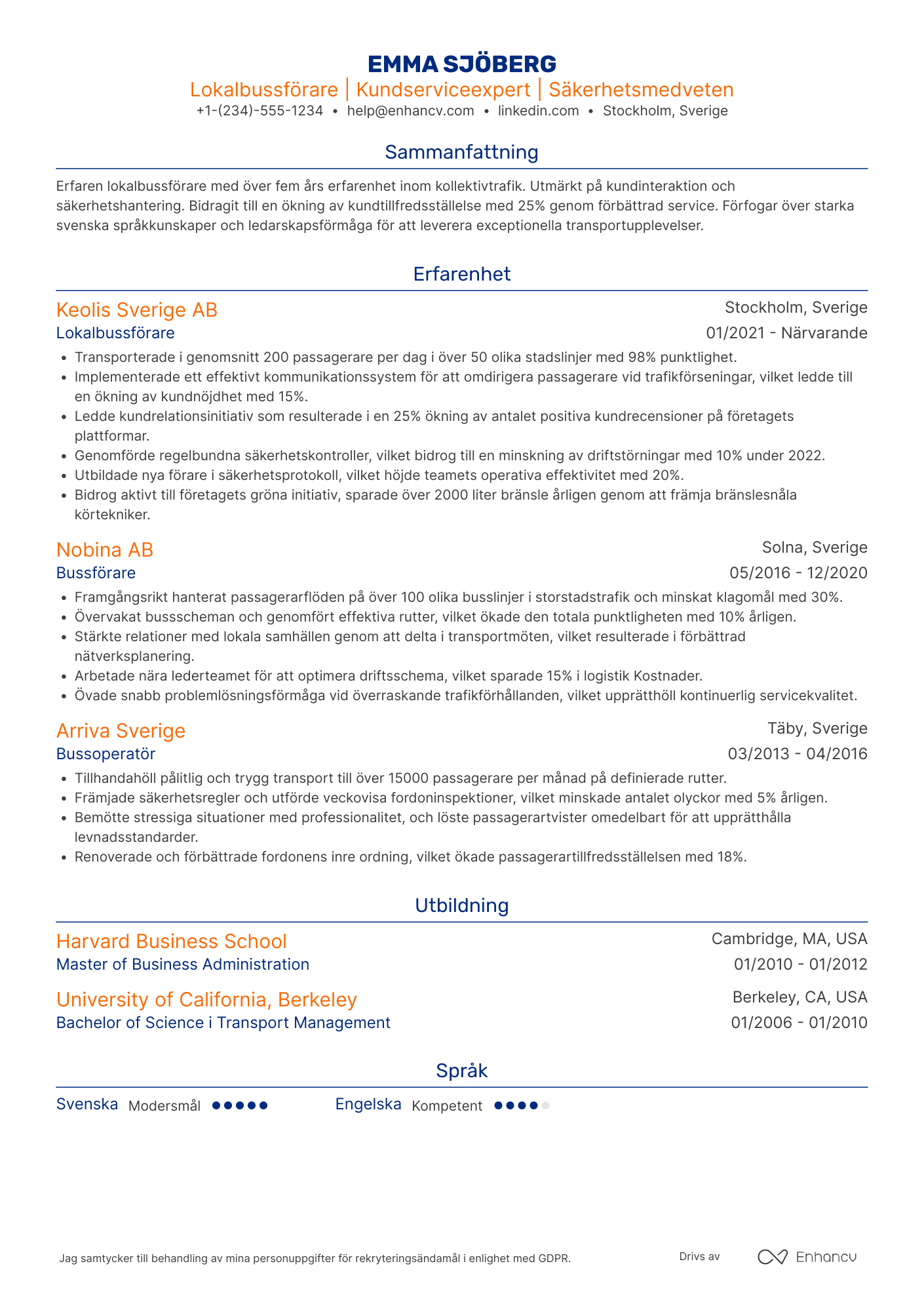 CV för Lokalbussförare Resume Example