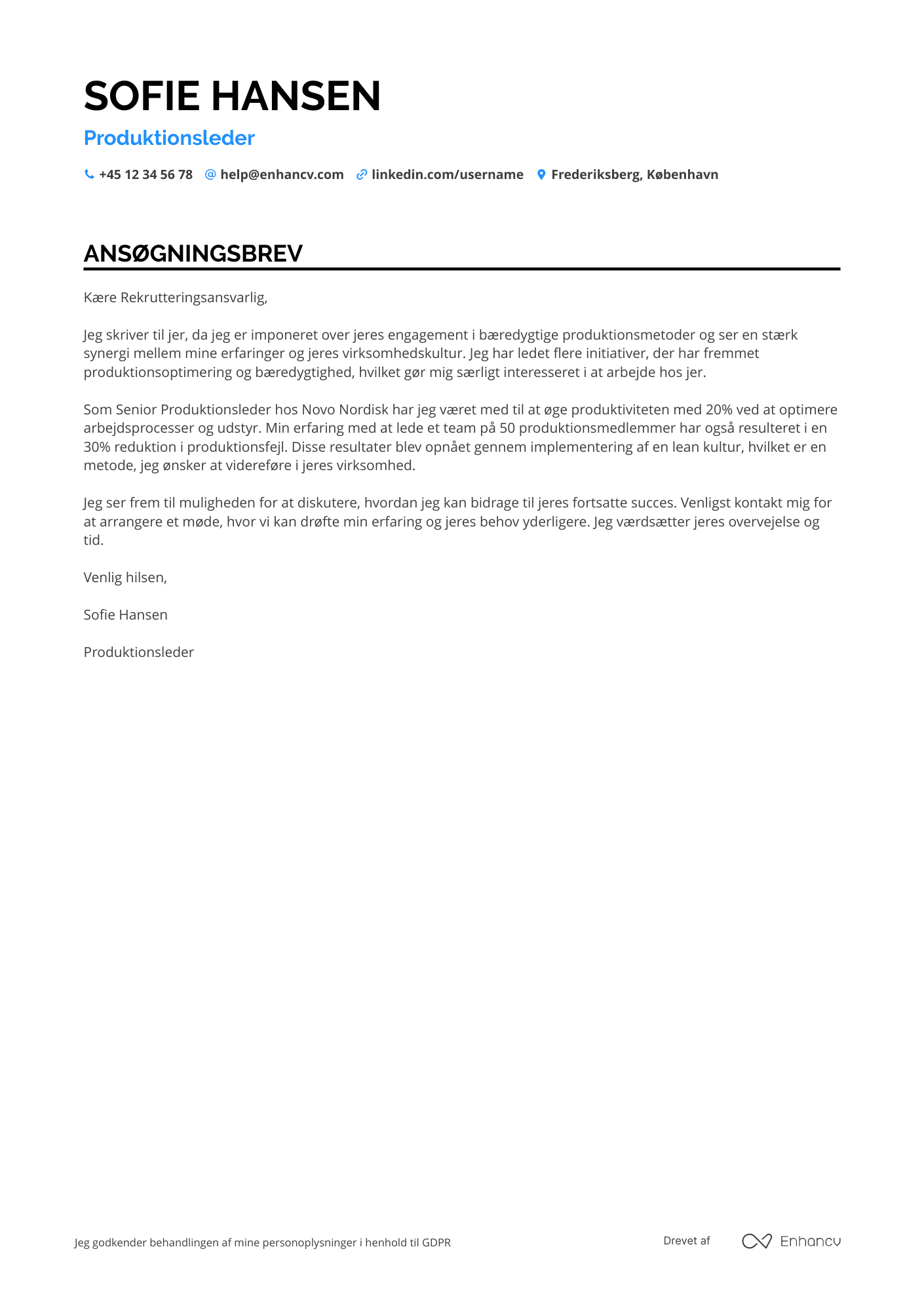 Ansøgningsbrev til Produktionsleder Resume Example