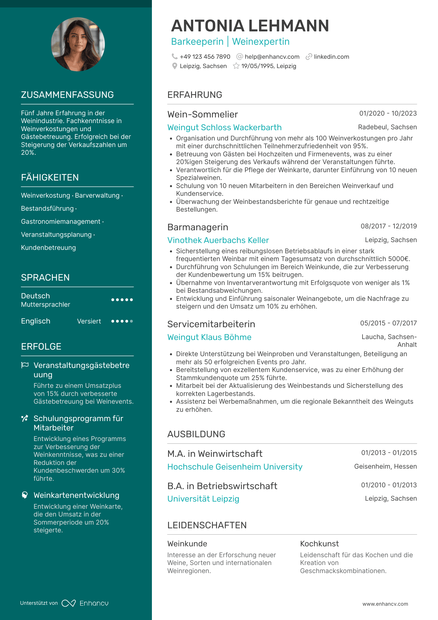 Lebenslauf in Barmann für Weinindustrie Resume Example