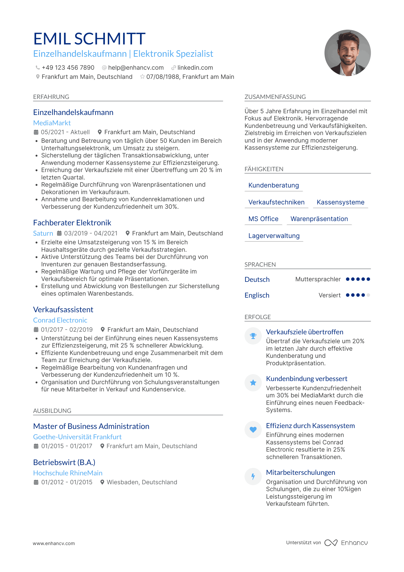 Lebenslauf in Einzelhandelskaufmann für Elektronik Resume Example