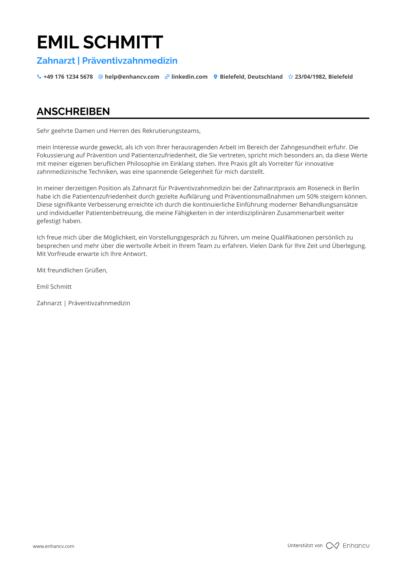 Zahnarzt für Präventivzahnmedizin Resume Example
