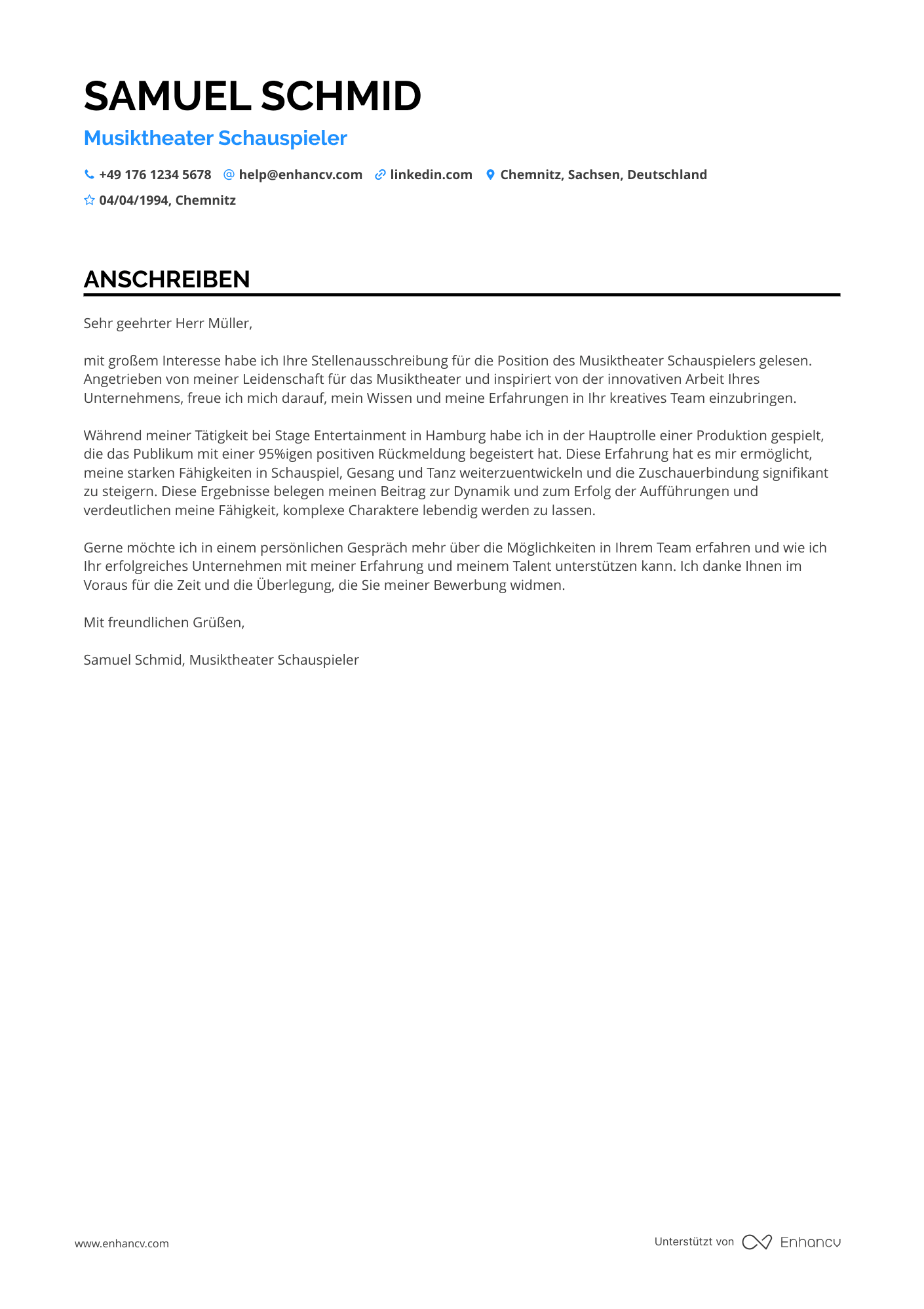 Musiktheater Schauspieler Resume Example