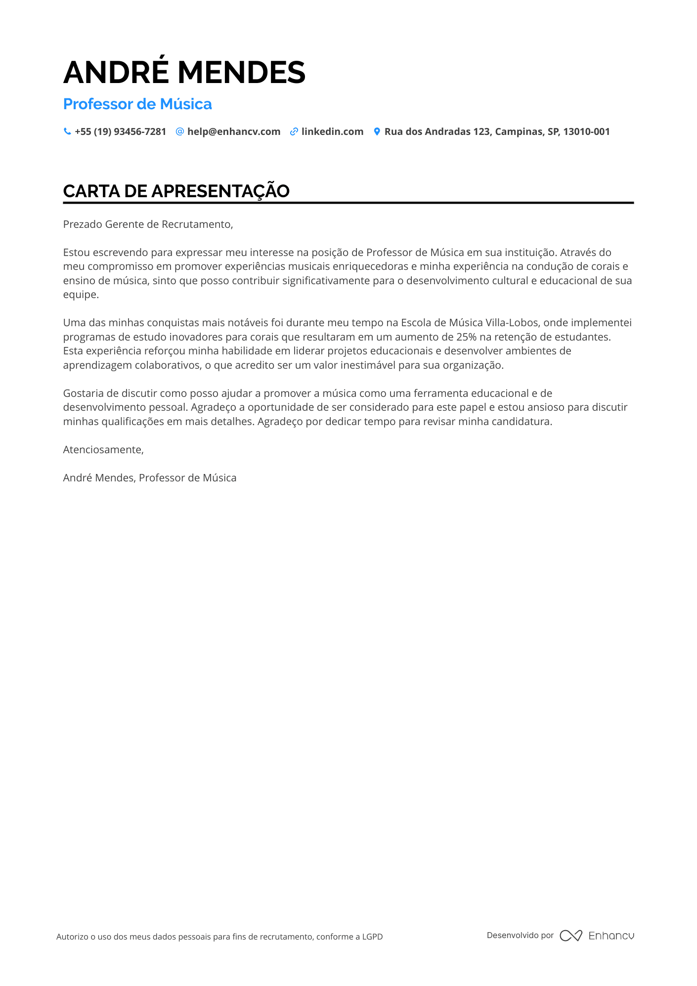 Professor de Música Resume Example