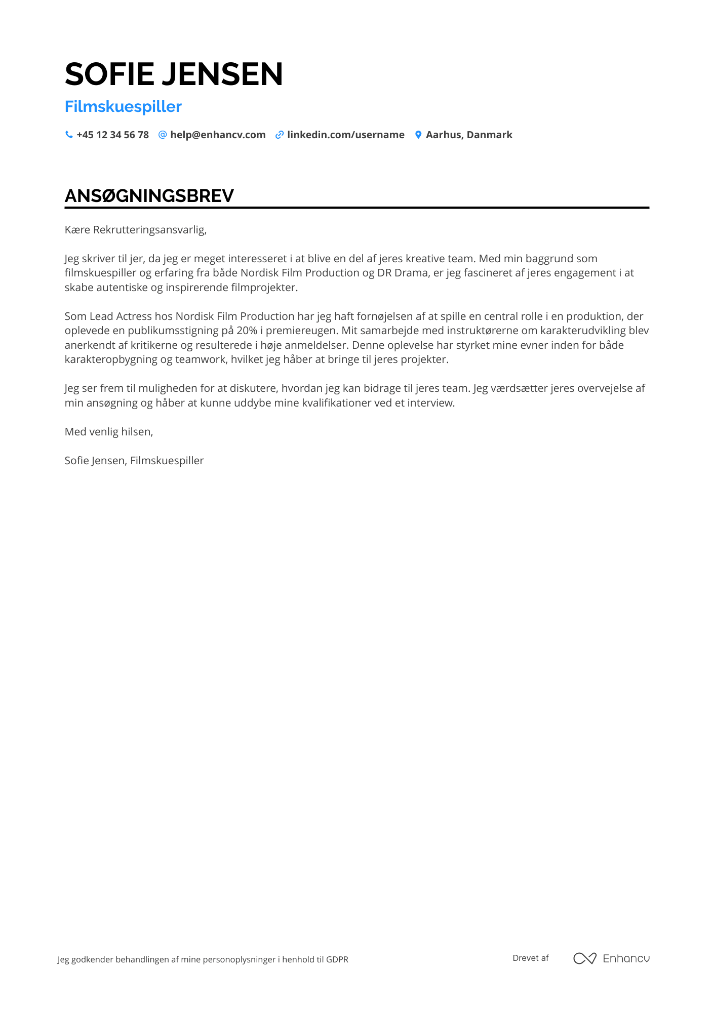 Ansøgningsbrev til Filmskuespiller Resume Example