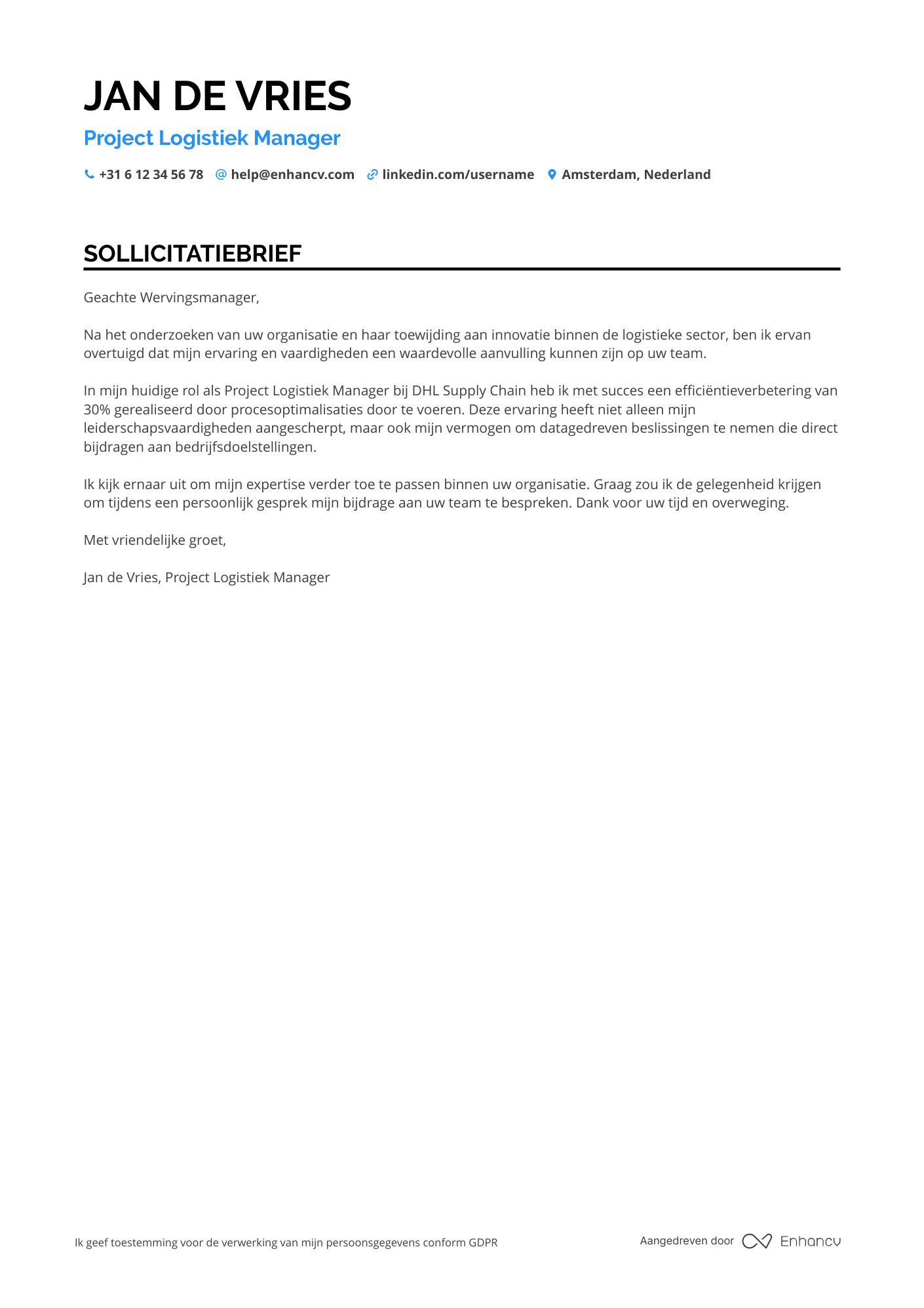 Sollicitatiebrief voor Project Logistiek Manager Resume Example