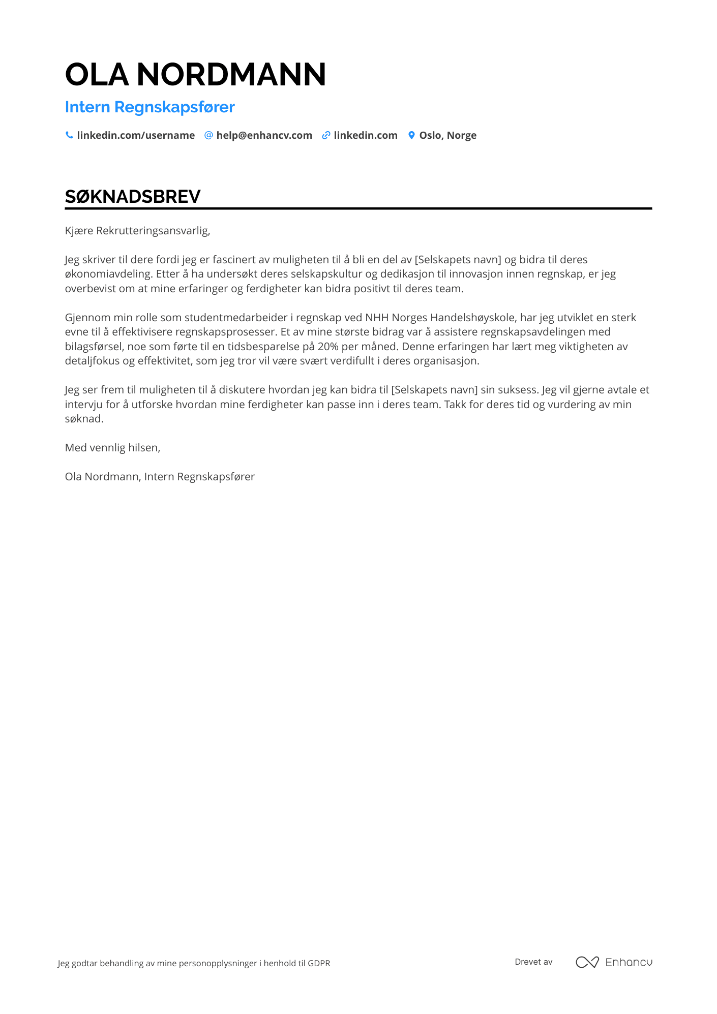 Søknadsbrev for Intern Regnskapsfører Resume Example
