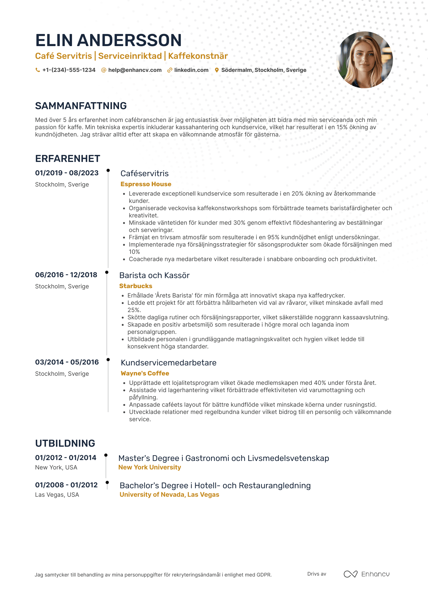 CV för Café Servitris Resume Example