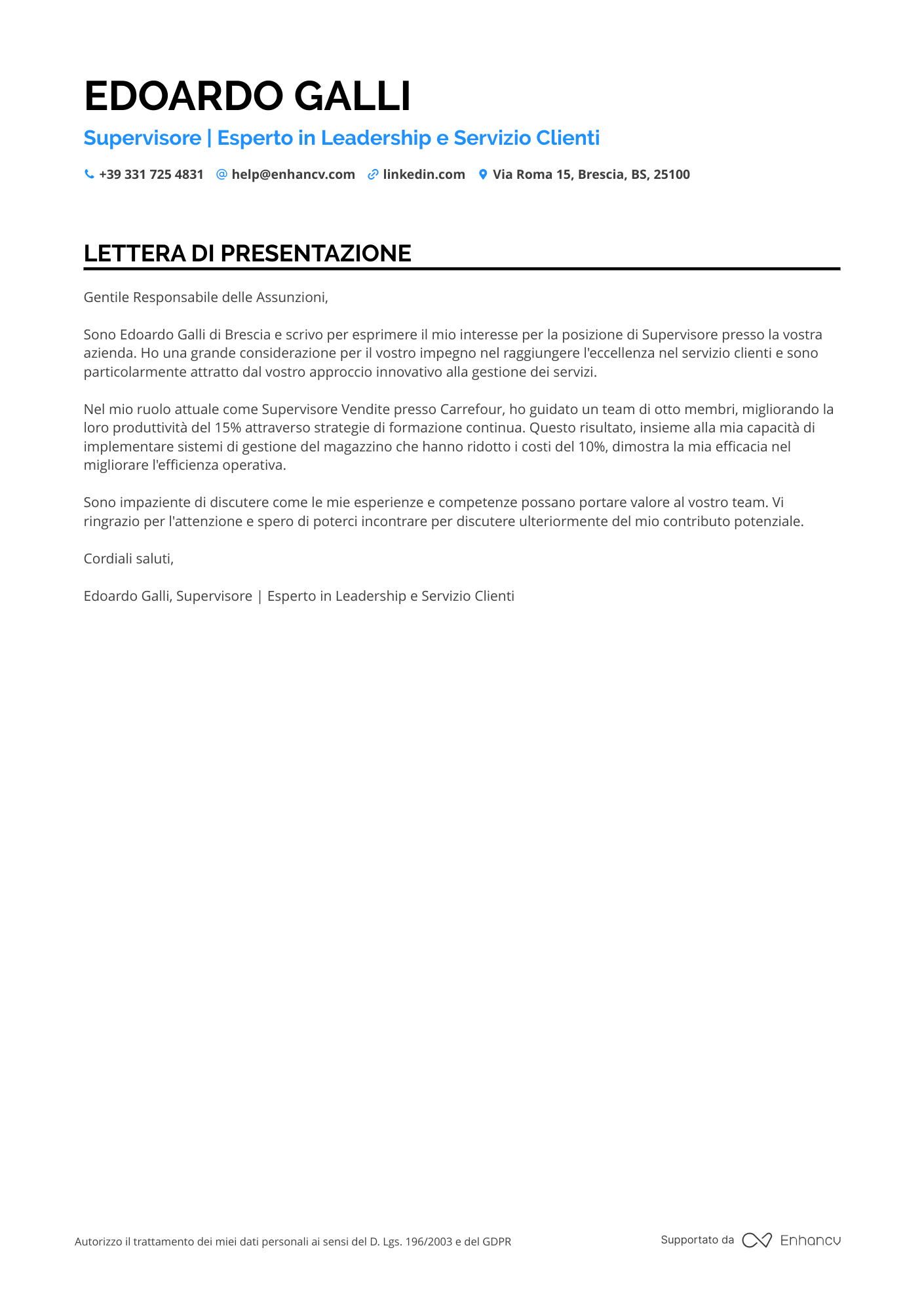 Addetto all'Amministrazione Lidl Resume Example
