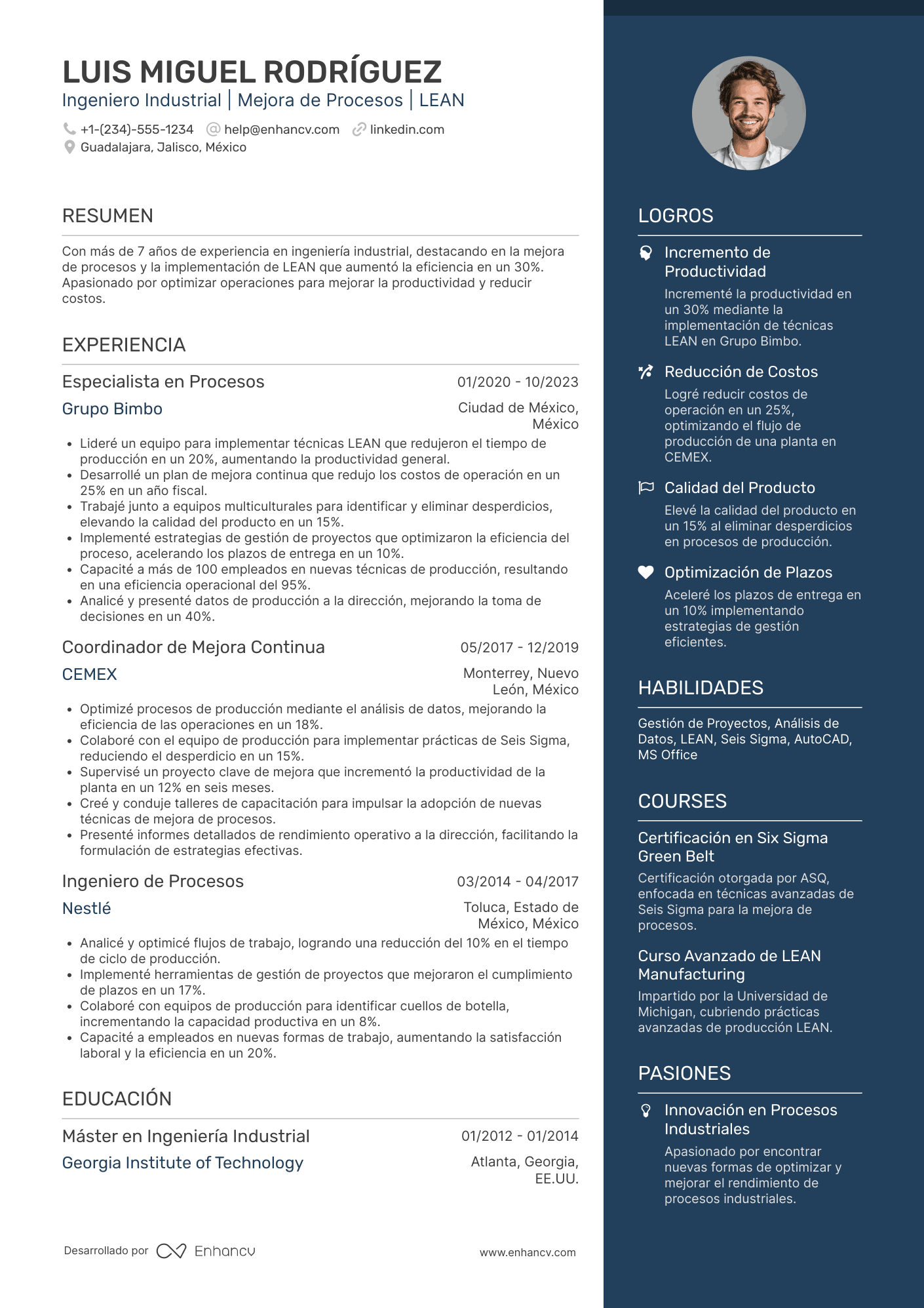 Bonus: CV de ingeniero industrial Resume Example