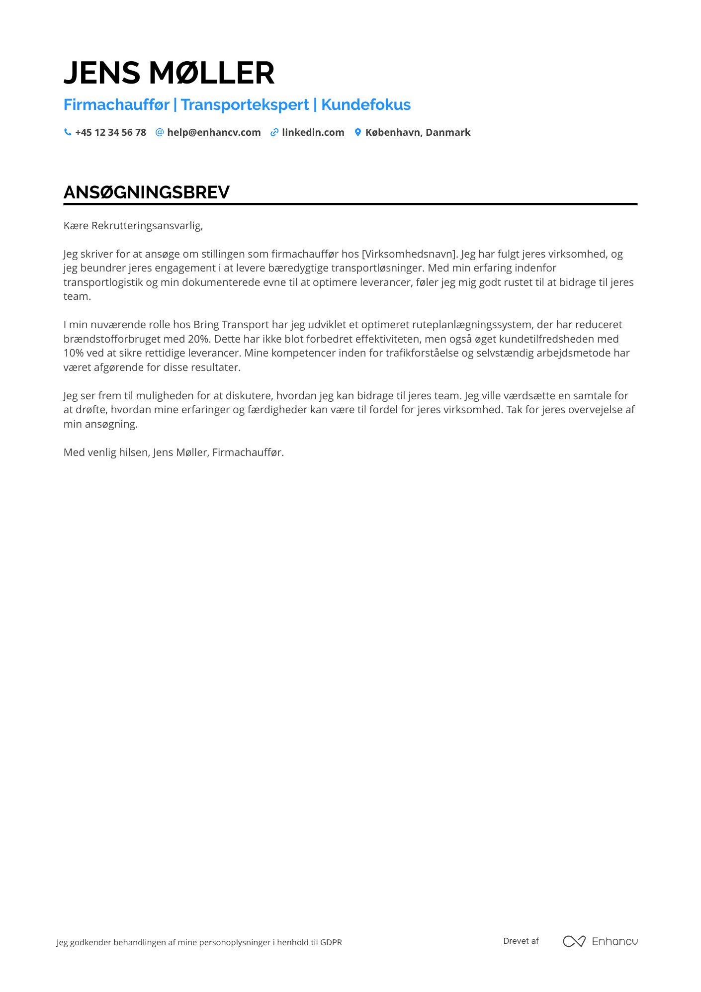 Ansøgningsbrev til Firmachauffør Resume Example