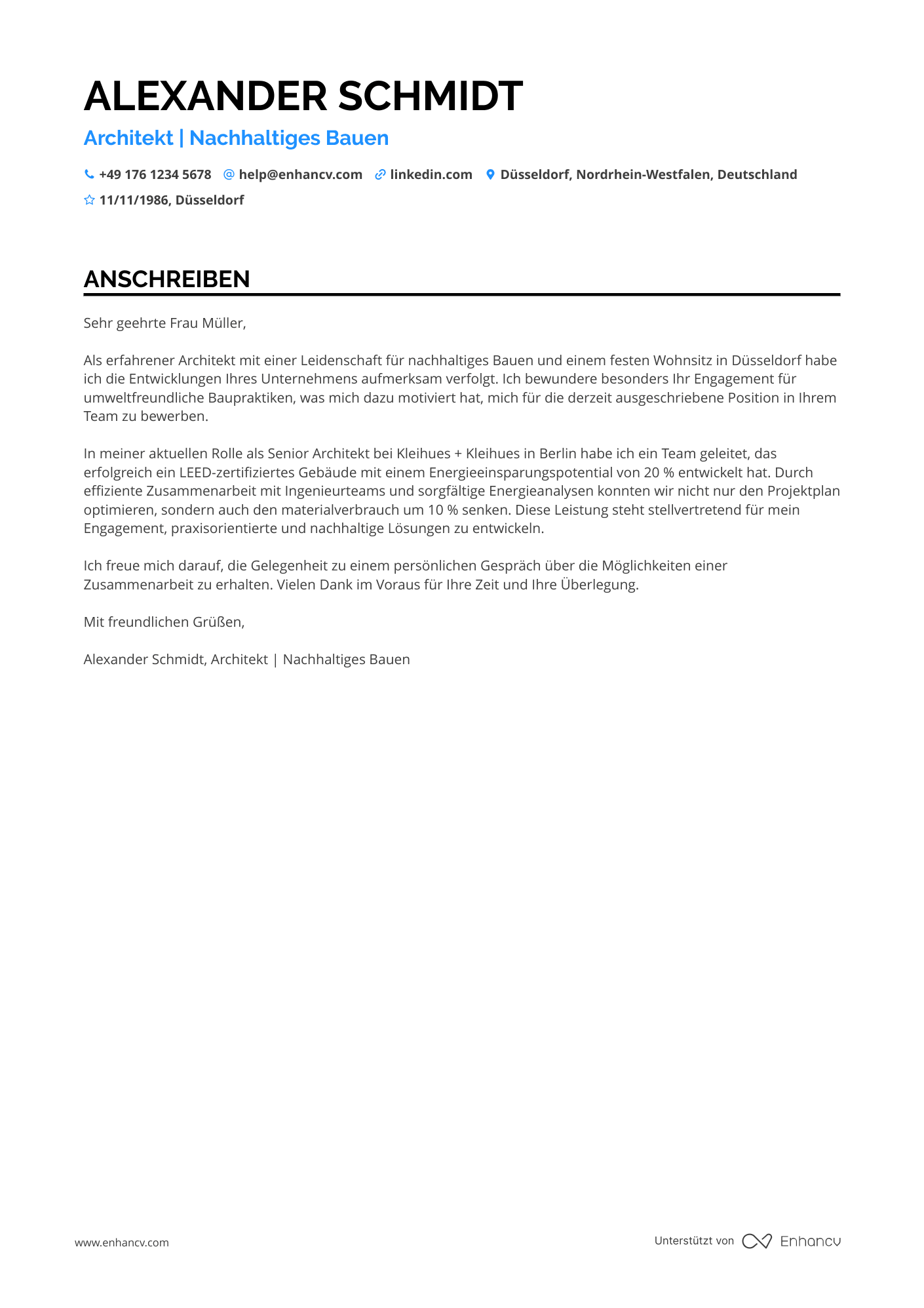 Architekt mit LEED Zertifizierung Resume Example