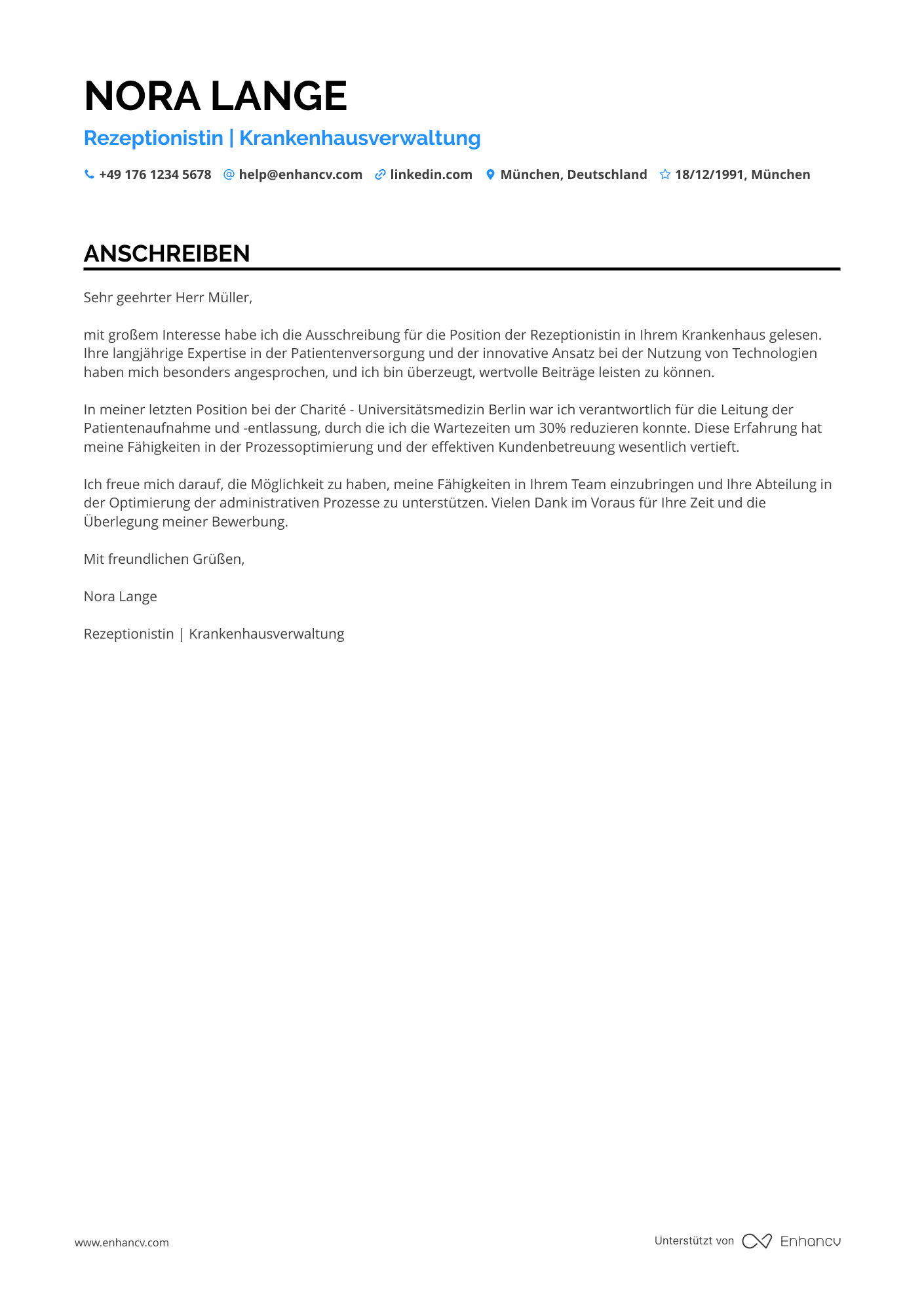 Rezeptionistin in der Krankenhausverwaltung Resume Example