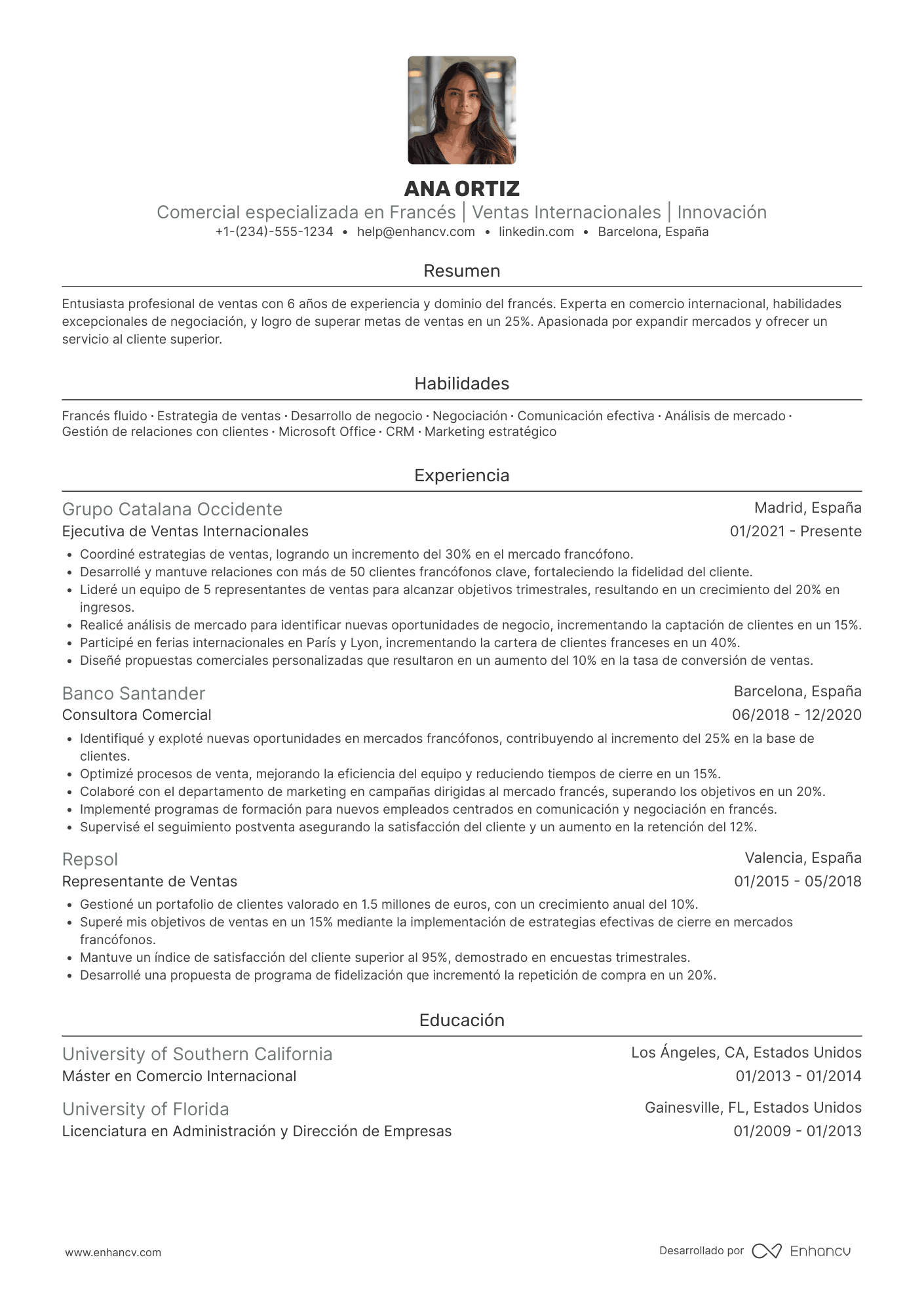 CV en francés de comercial (Commercial) Resume Example