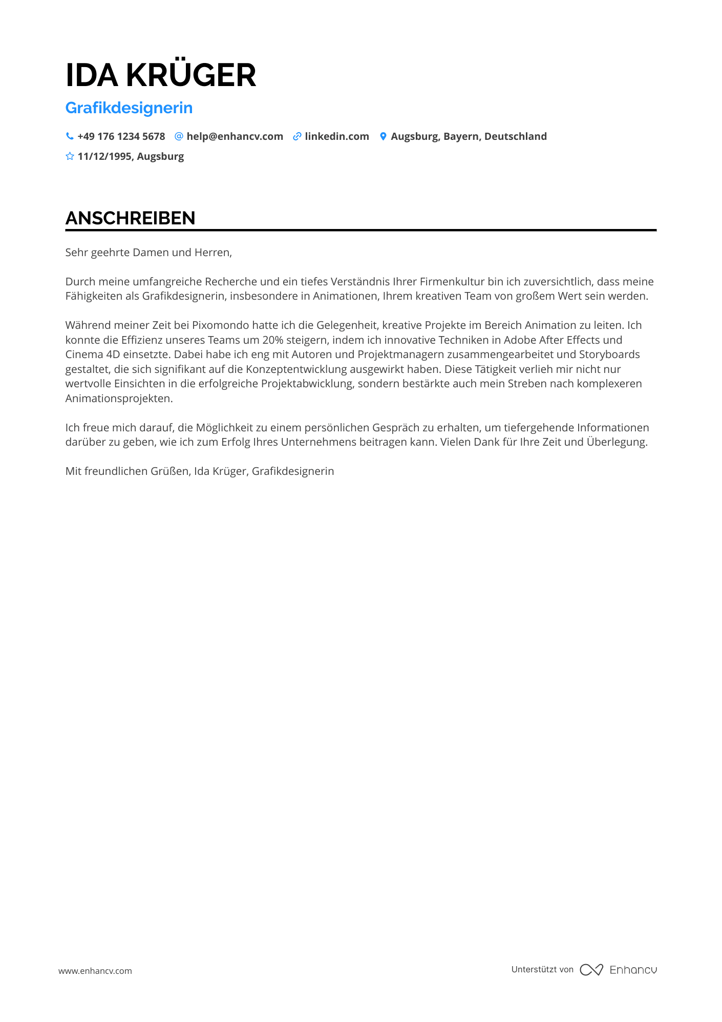 Grafikdesigner für Animationen Resume Example