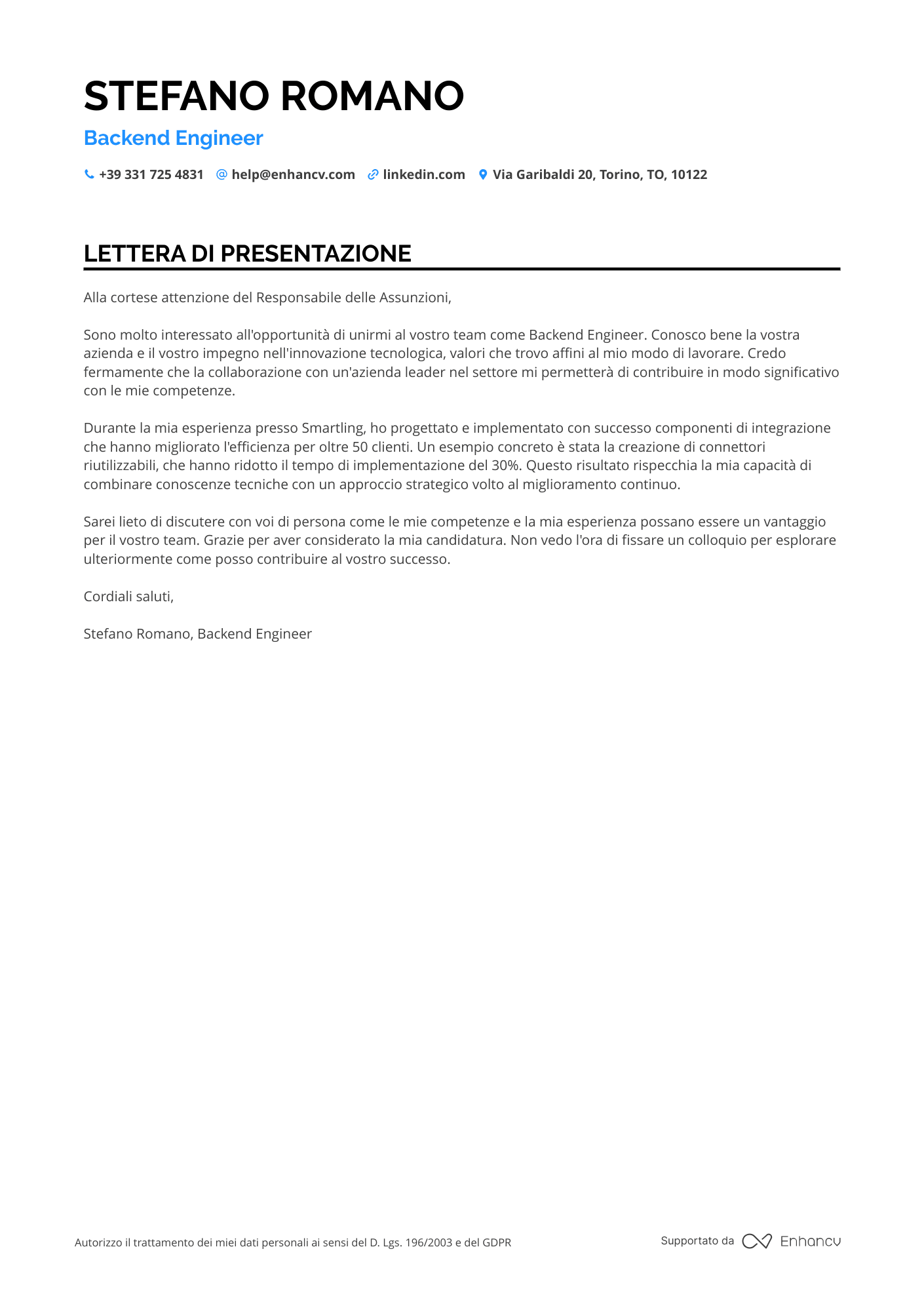Neolaureato in Ingegneria Informatica Resume Example