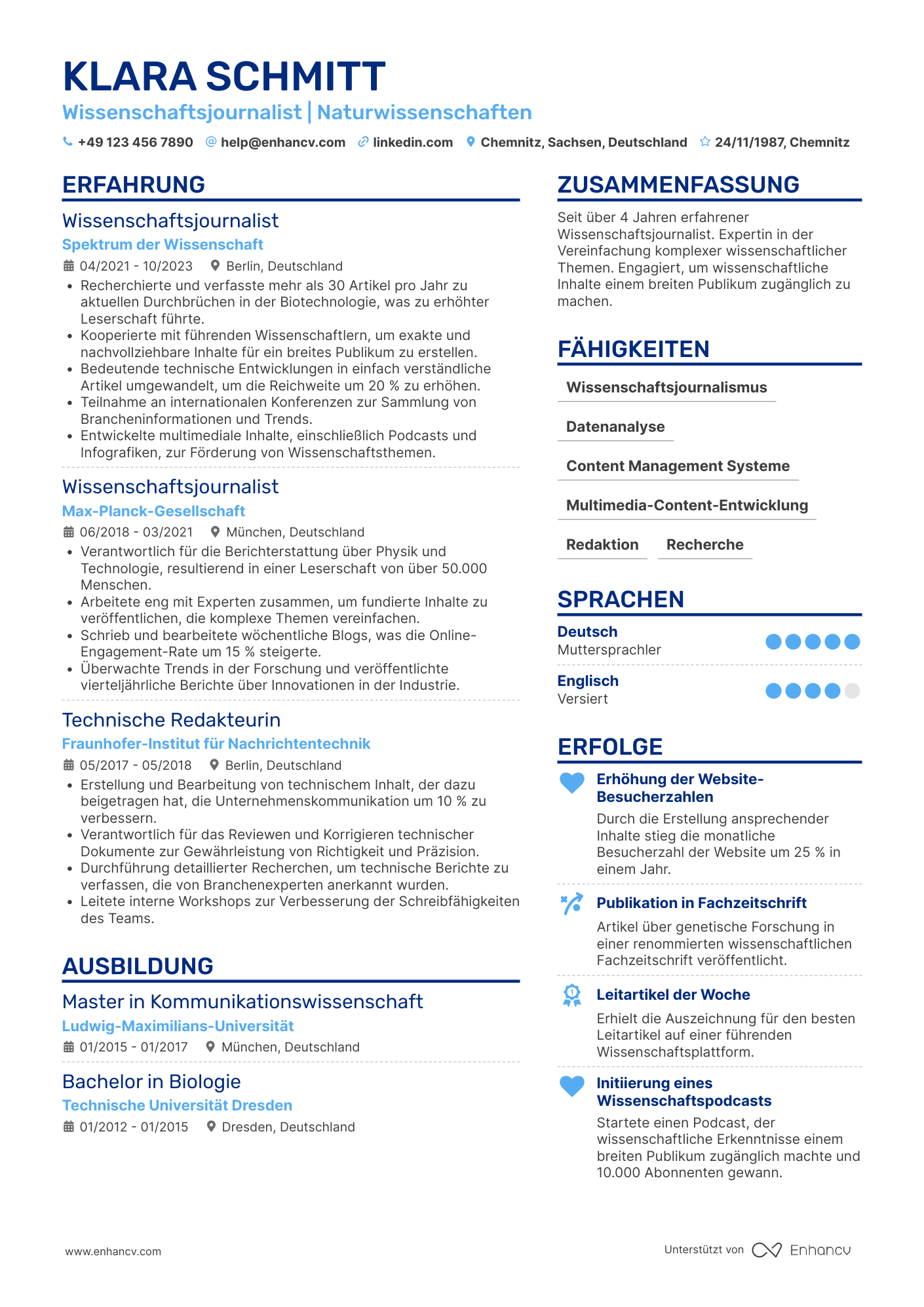 Lebenslauf als Wissenschaftsjournalist Resume Example