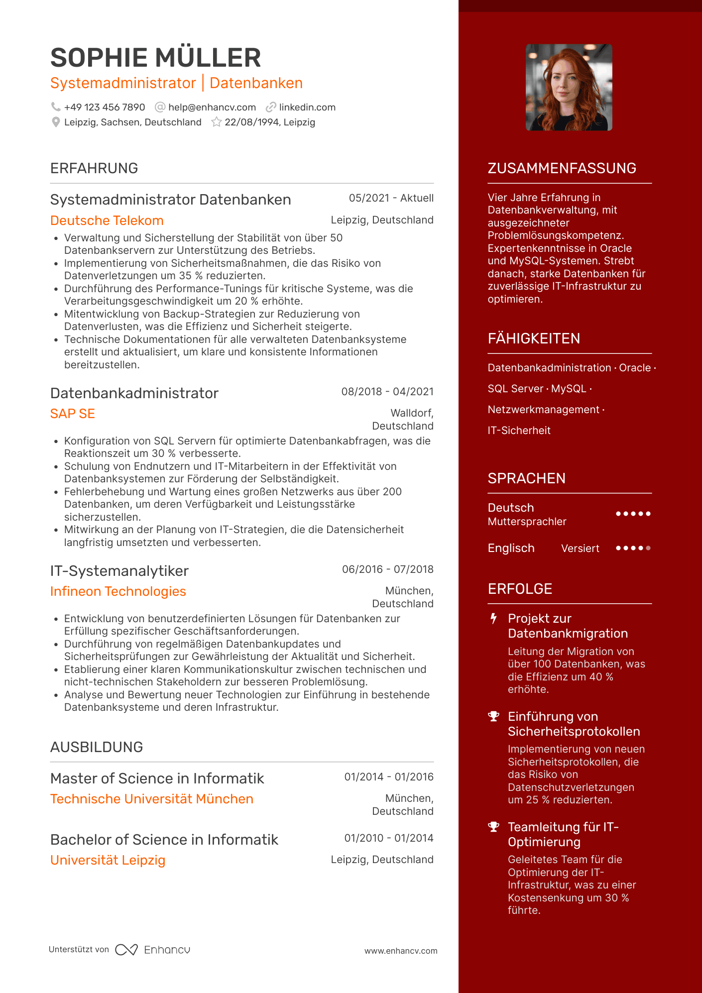 Lebenslauf als Systemadministrator mit Schwerpunkt Datenbanken Resume Example