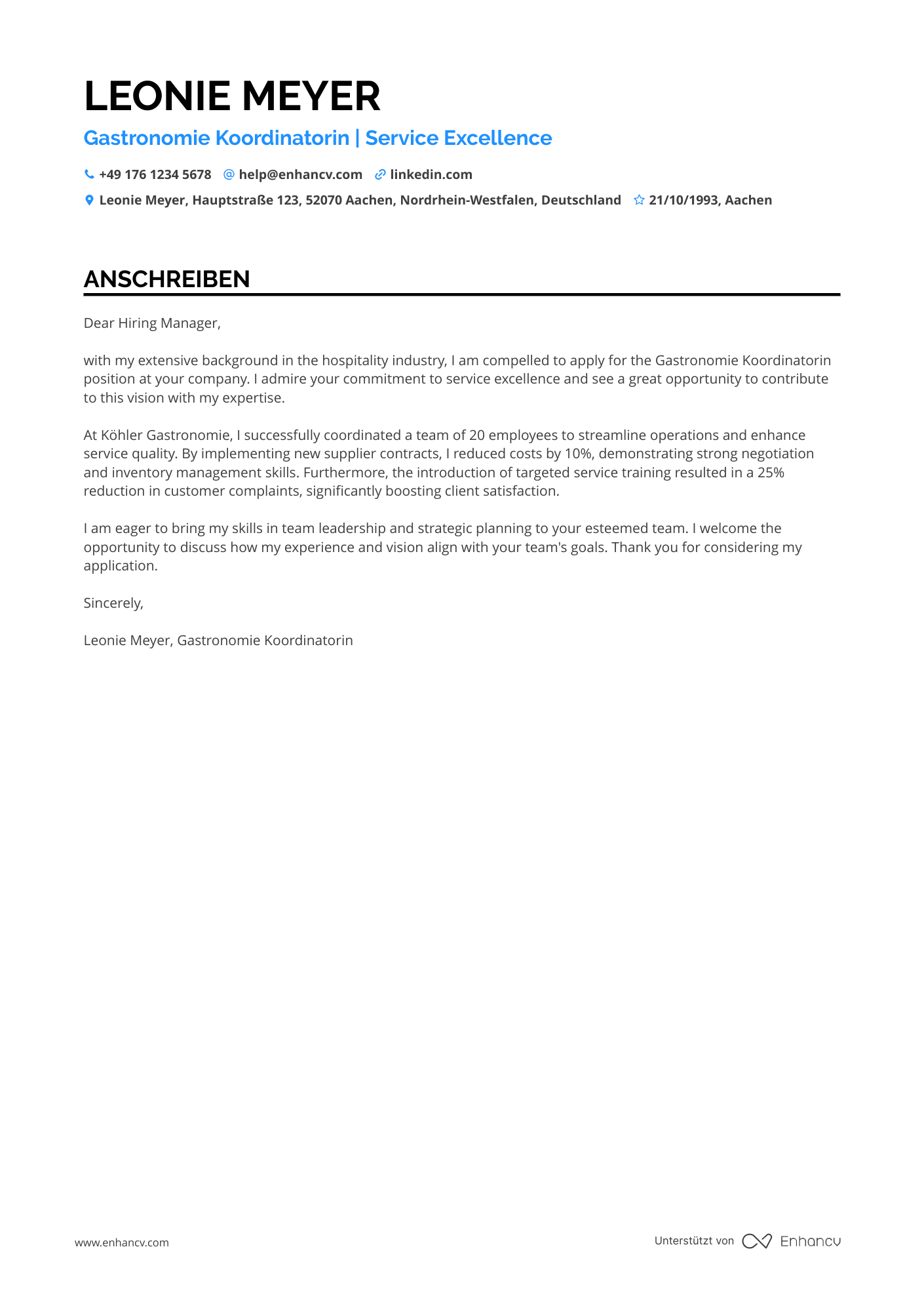 Gastronomie Koordinator Resume Example