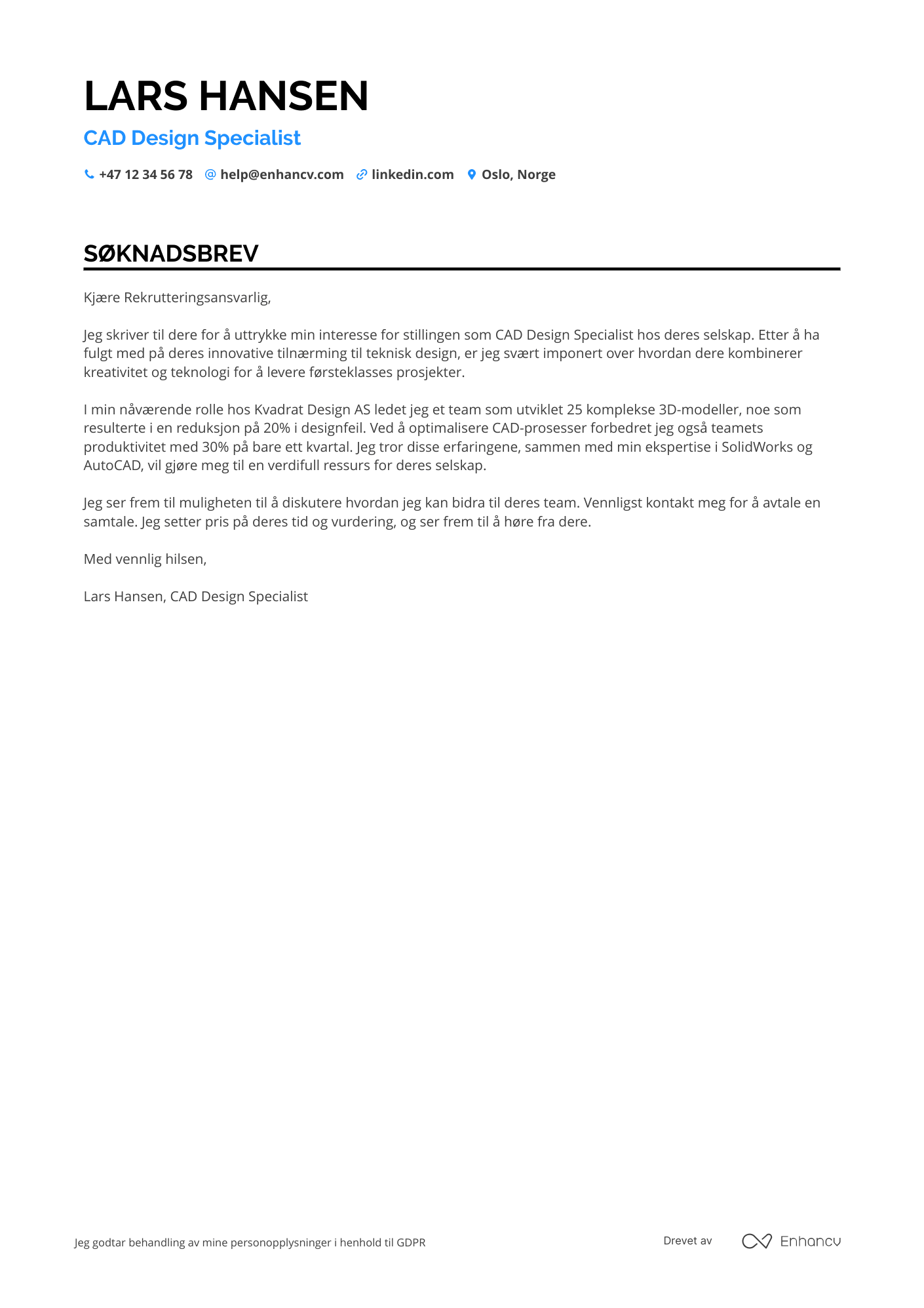 Søknadsbrev for Entry level CAD designspesialist Resume Example
