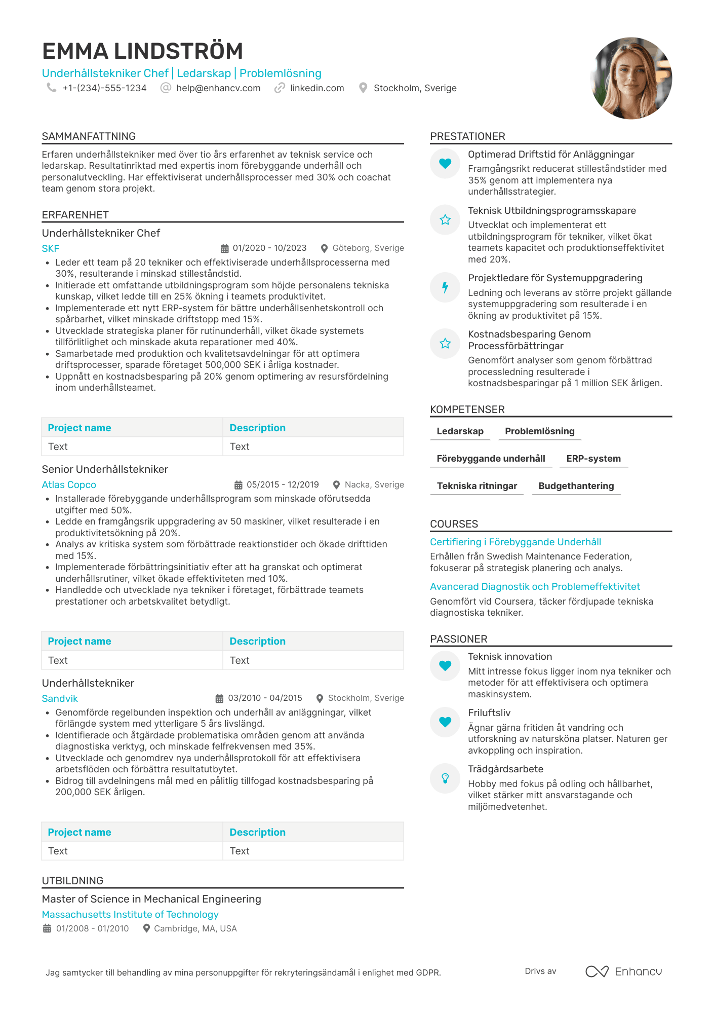 CV för Underhållstekniker Chef Resume Example