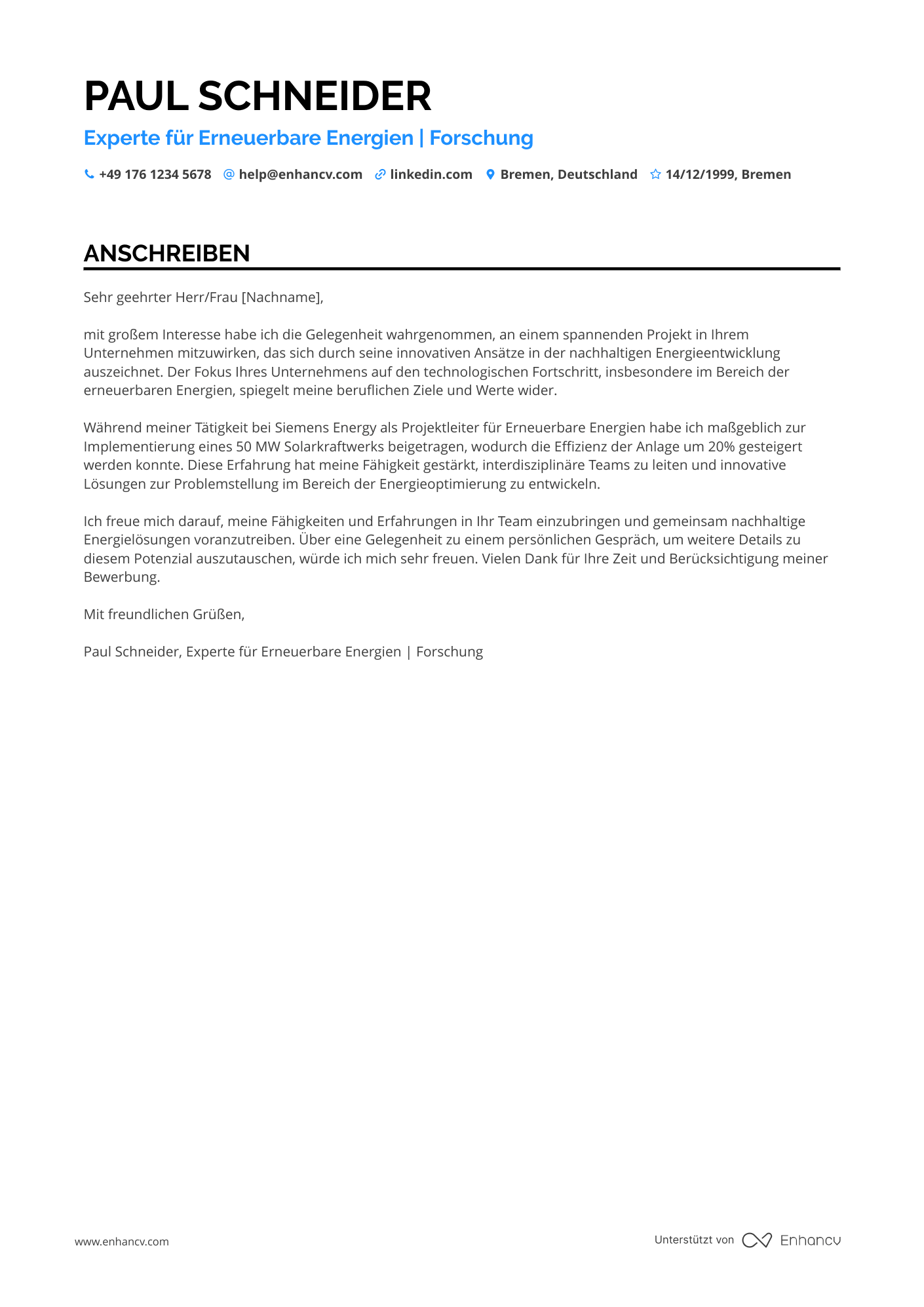 Akademiker im Bereich Erneuerbare Energien Resume Example