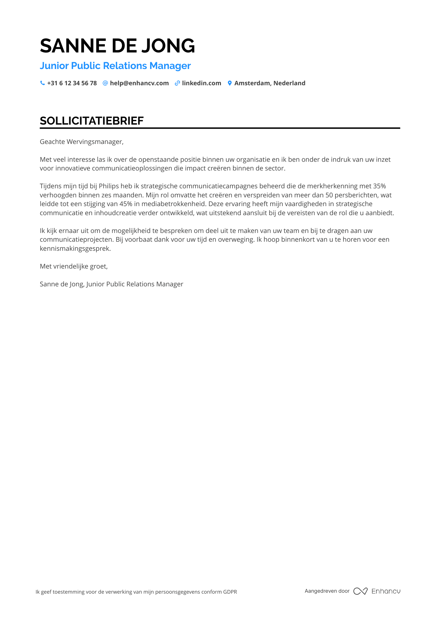 Sollicitatiebrief voor Junior Public Relations Manager Resume Example