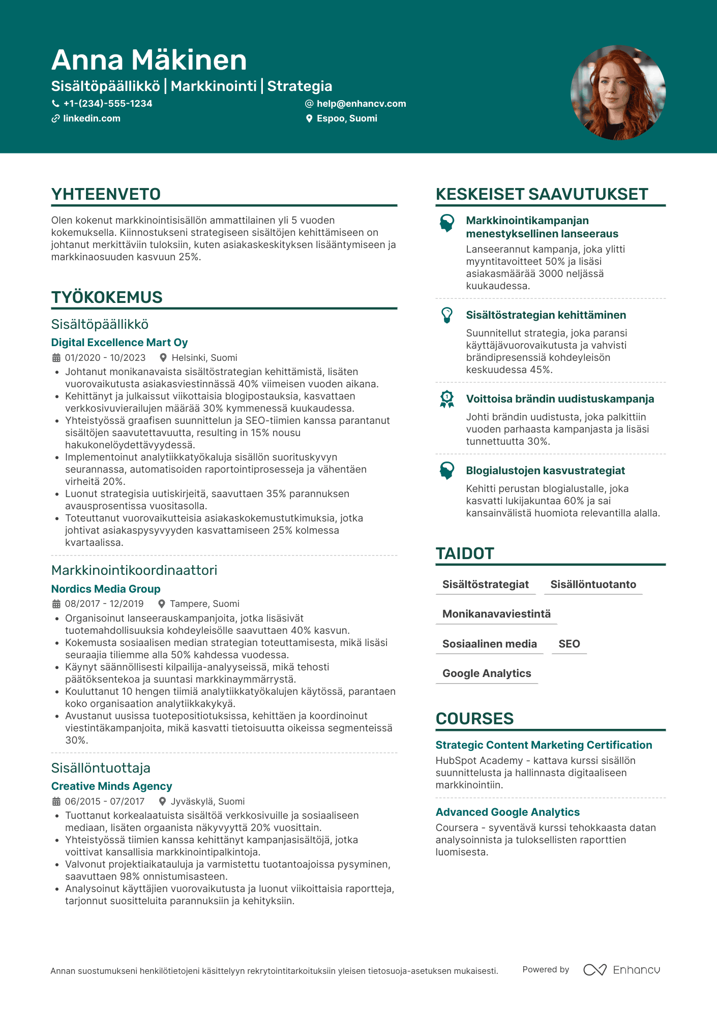 Ansioluettelo Sisältöpäällikkö markkinointi Resume Example