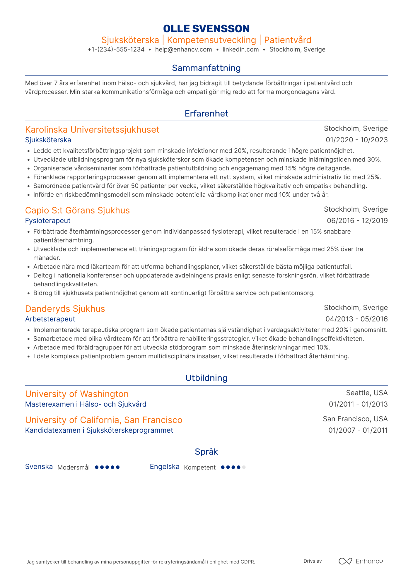 CV för Karriärbyte Hälso  och Sjukvård Resume Example