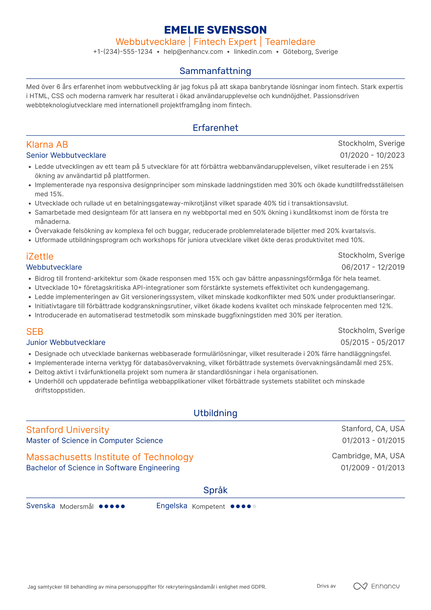 CV för Webbutvecklare inom Fintech Resume Example