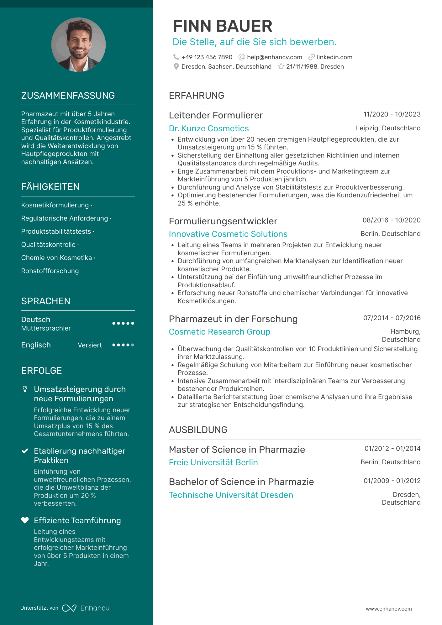 Lebenslauf in Apotheker in der Kosmetikindustrie Resume Example