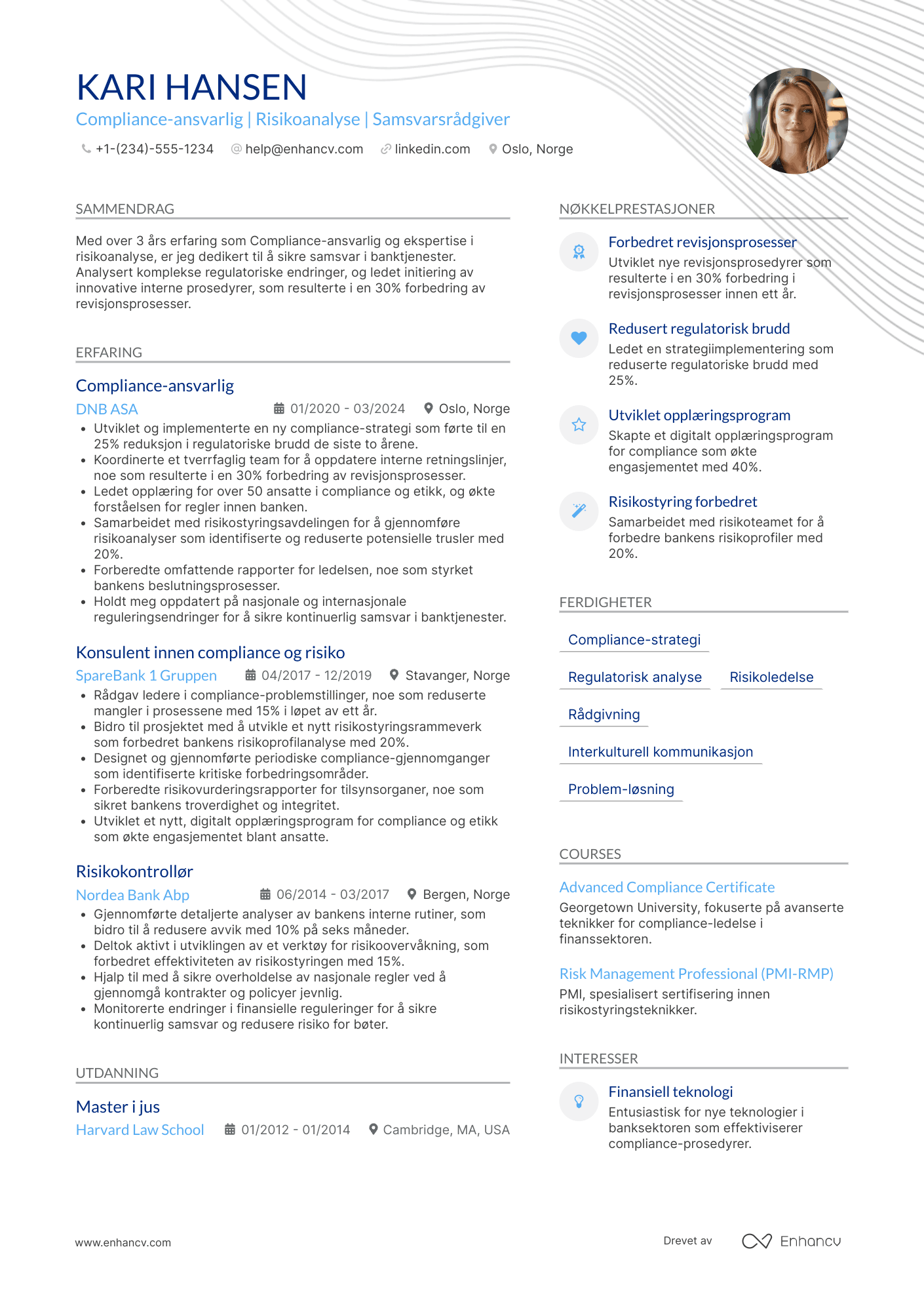 CV for Compliance ansvarlig i bank Resume Example
