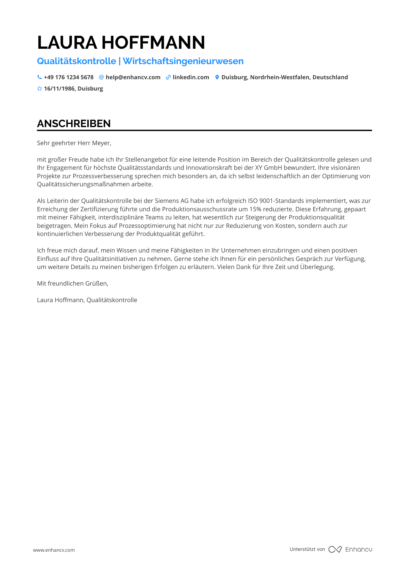 Wirtschaftsingenieur in der Qualitätskontrolle Resume Example