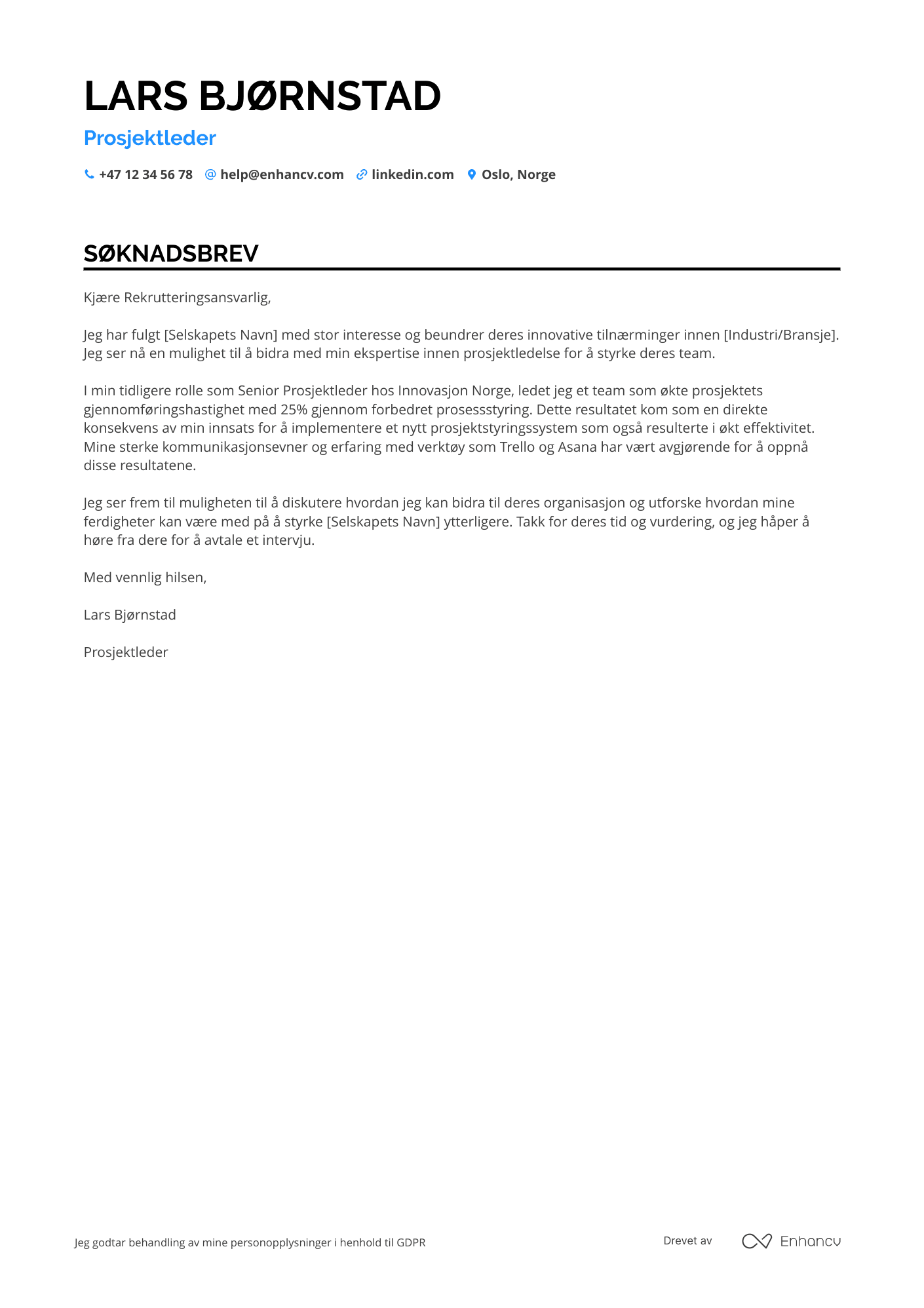 Søknadsbrev for Prosjektleder kreativ Resume Example