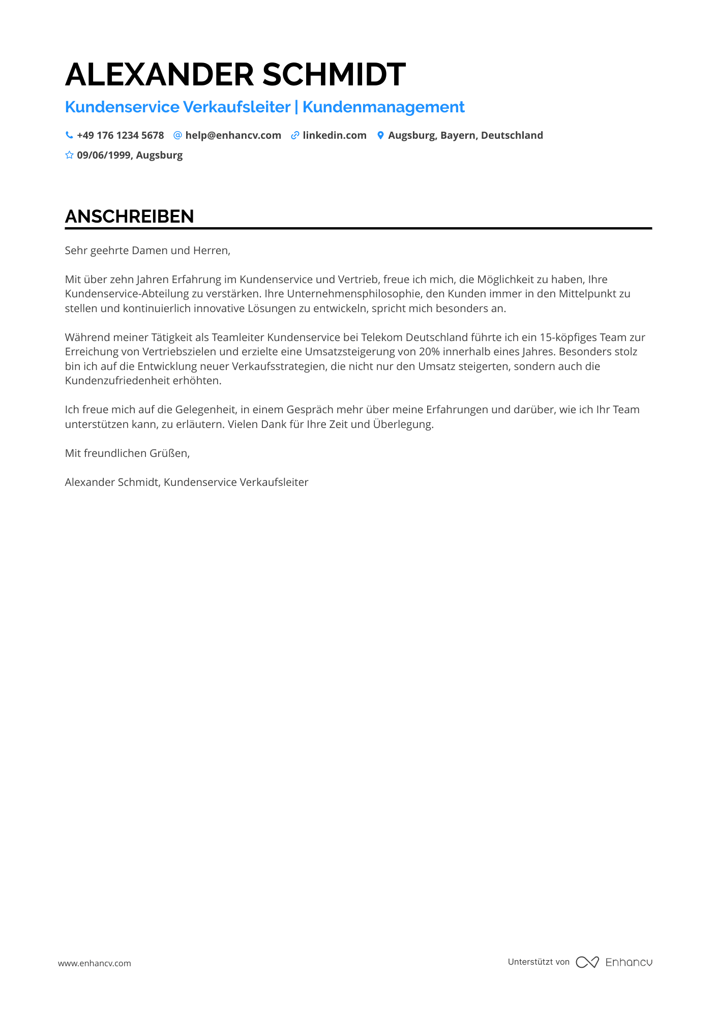 Kundenservice Verkaufsleiter Resume Example