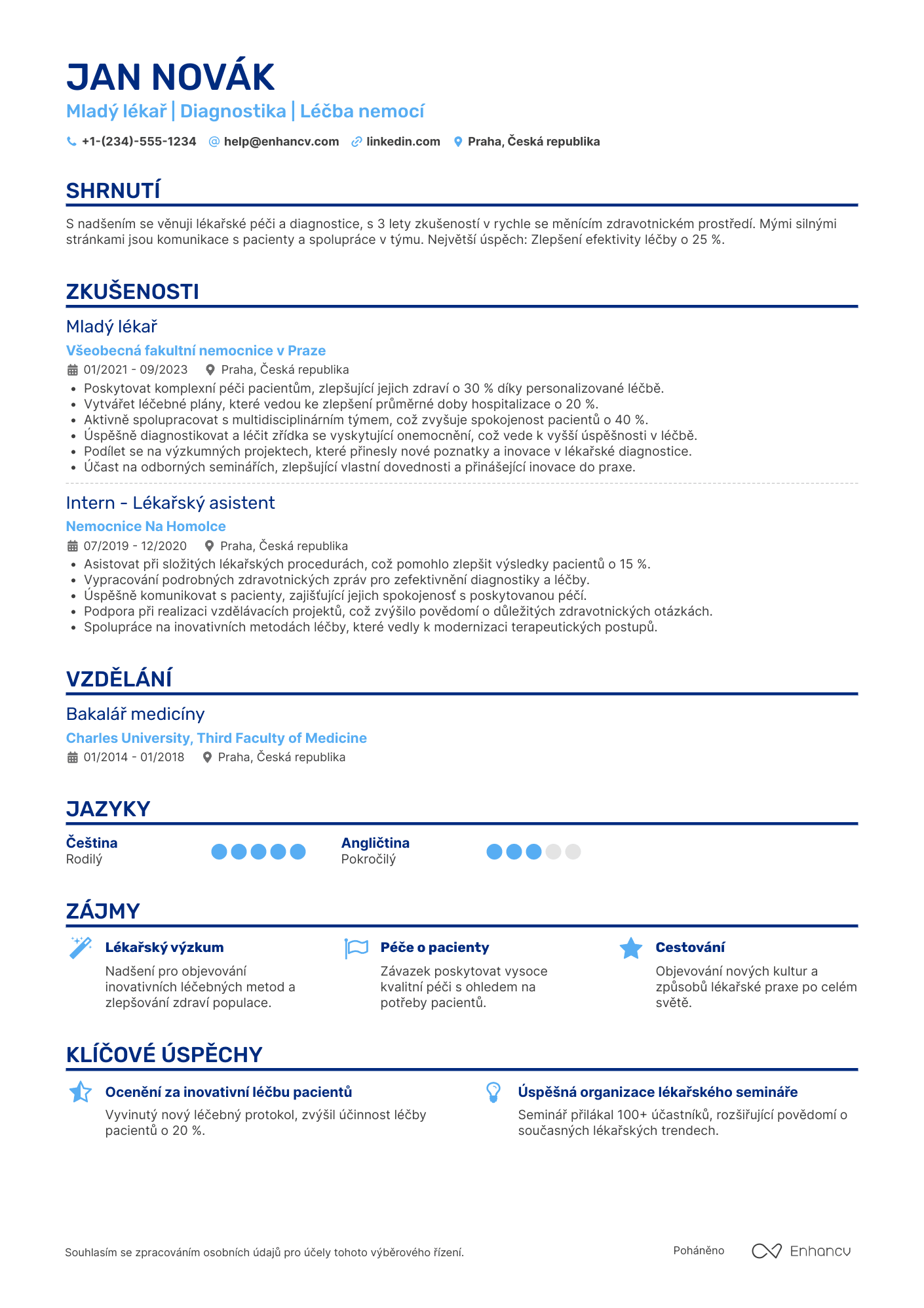 Životopis pro Mladý lékař Resume Example
