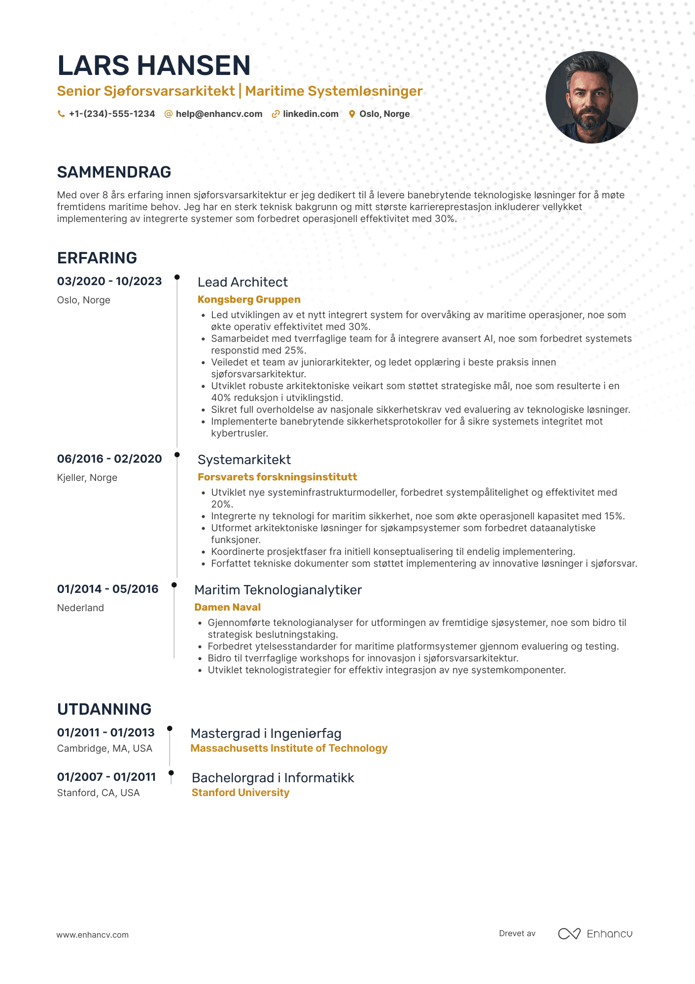 CV for Senior Sjøforsvarsarkitekt Resume Example