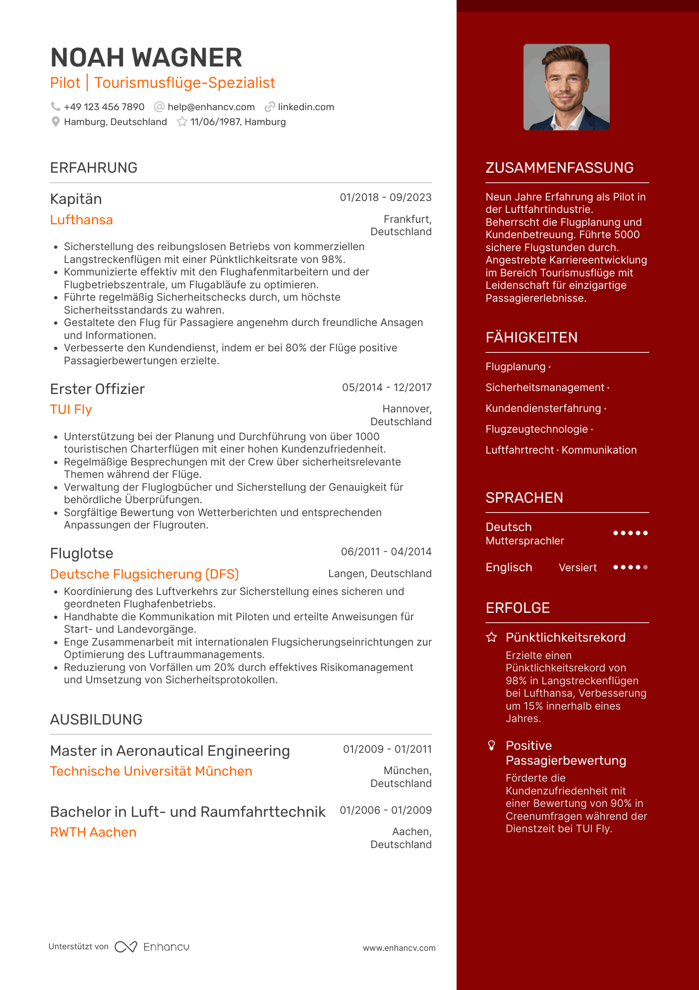 Lebenslauf in Pilot für Tourismusbranche Resume Example