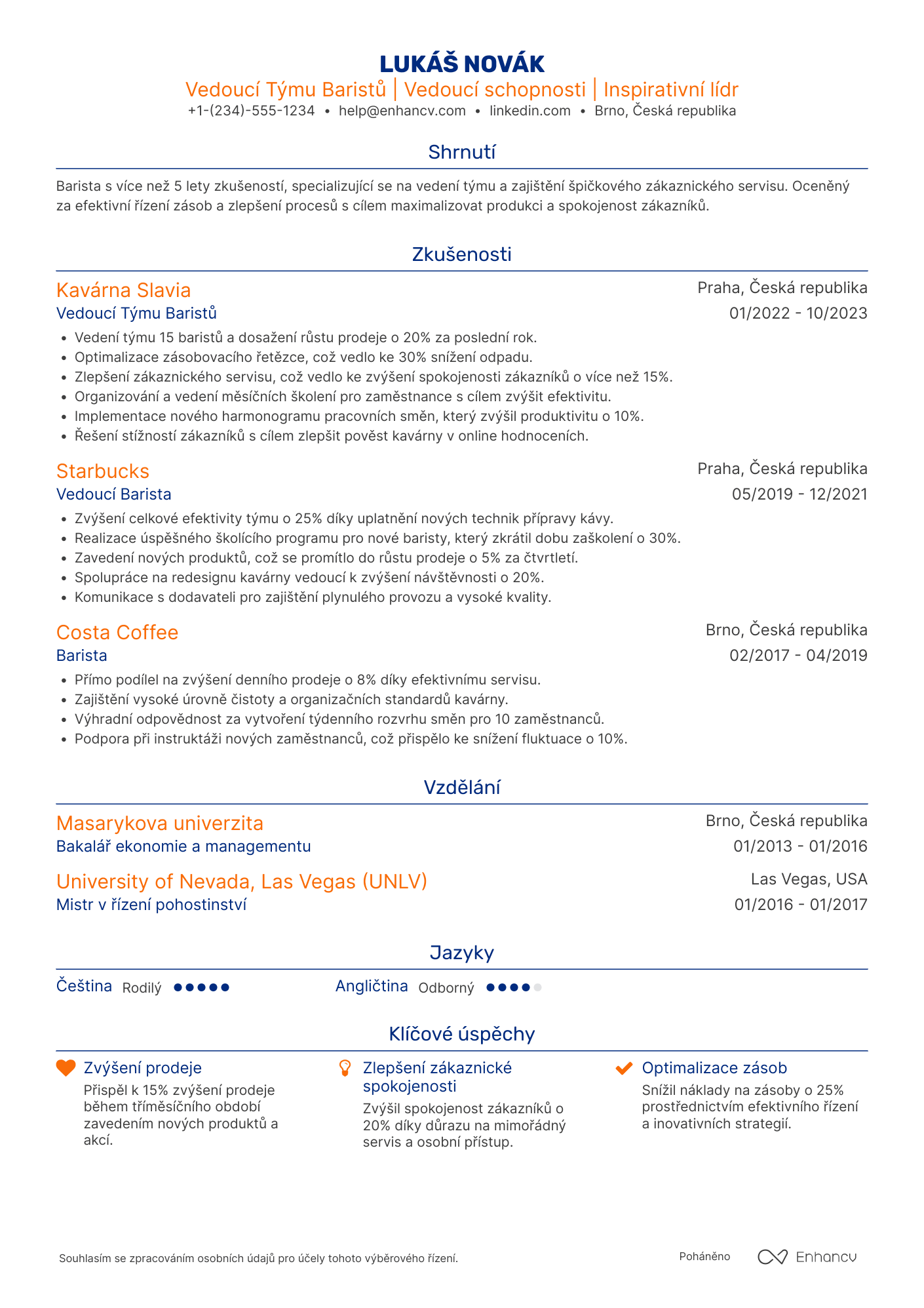 Životopis pro Vedoucí Týmu Baristů Resume Example