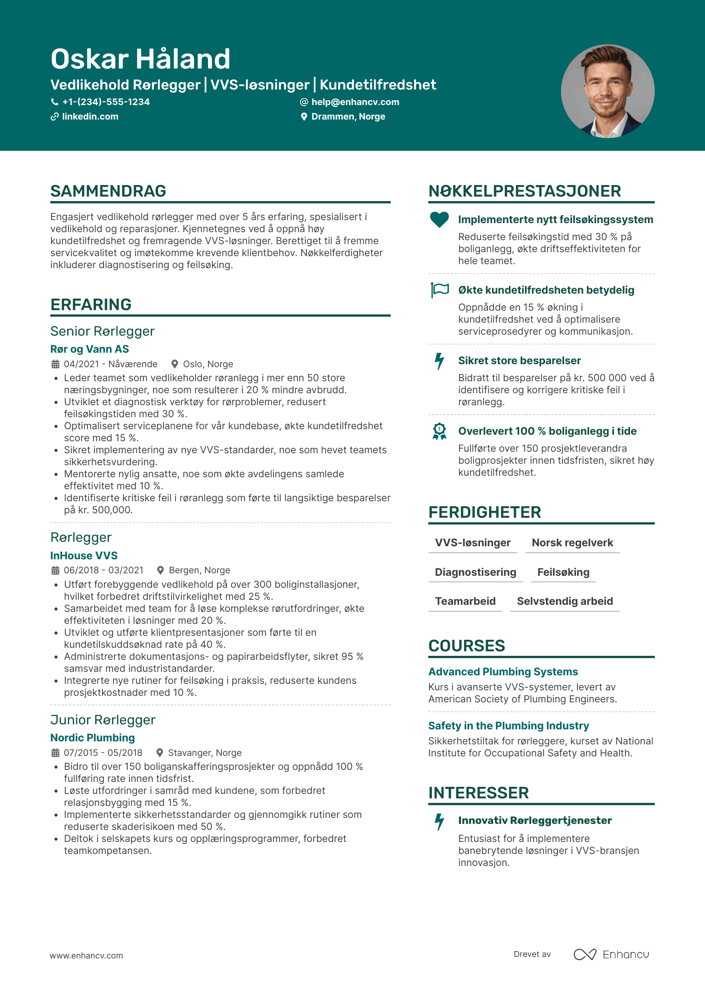 CV for Vedlikehold Rørlegger Resume Example