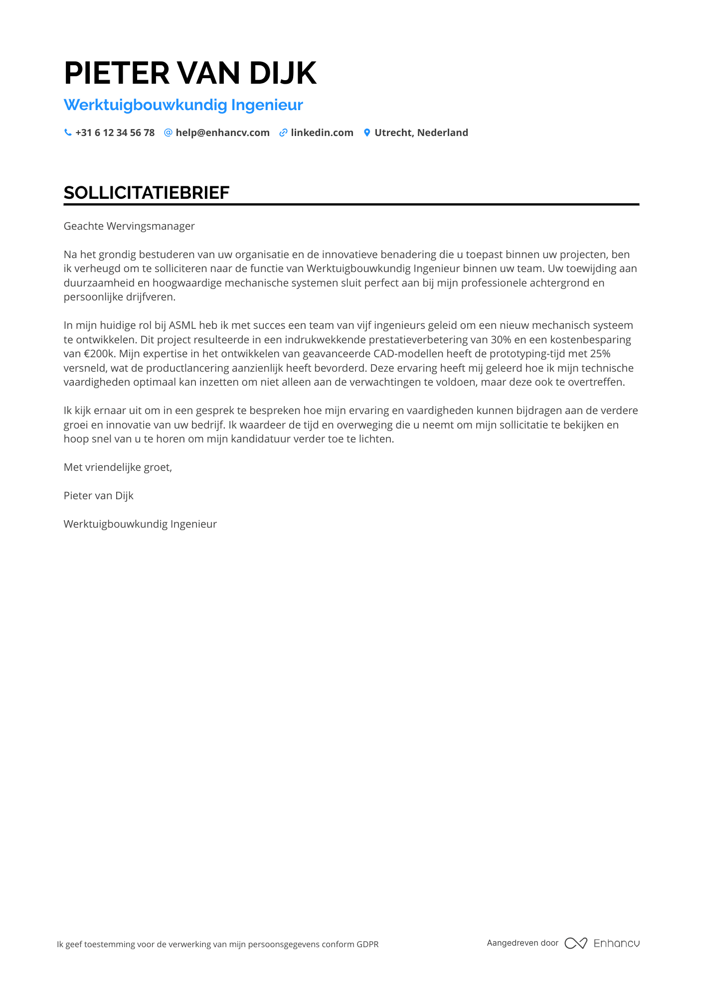Sollicitatiebrief voor Werktuigbouwkundig ingenieur Resume Example