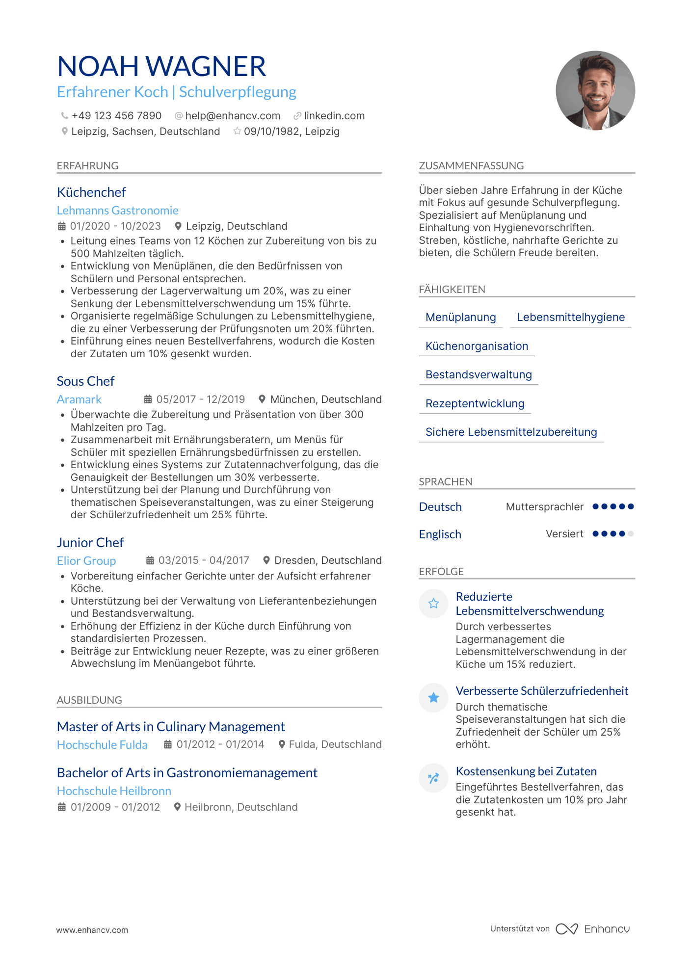 Lebenslauf als Koch in einer Schulkantine Resume Example