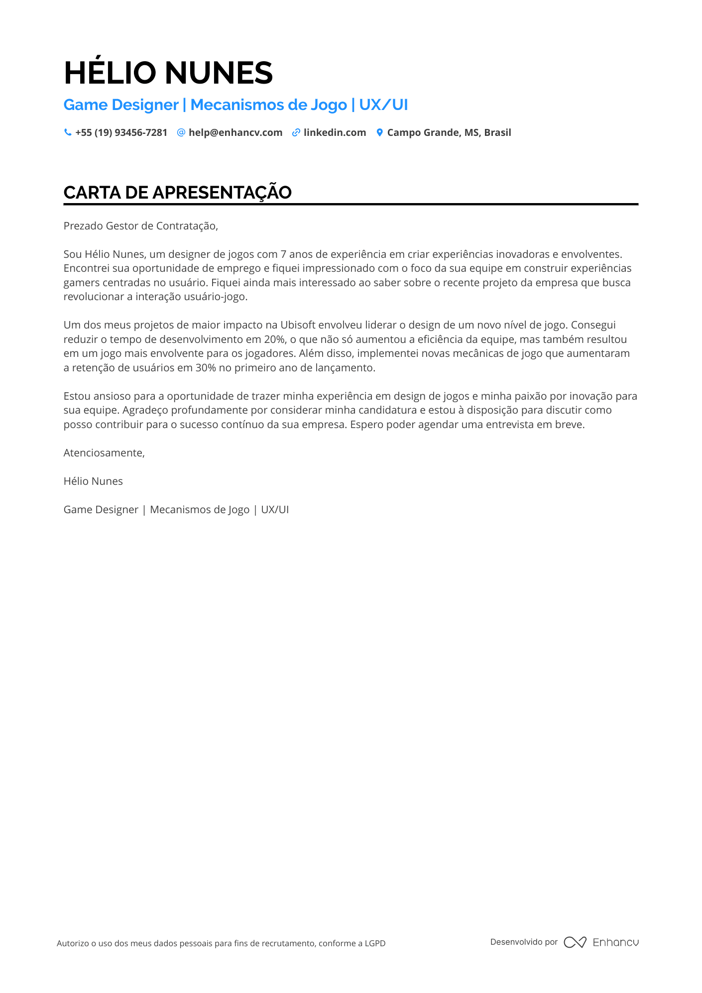 Designer de Jogos Resume Example