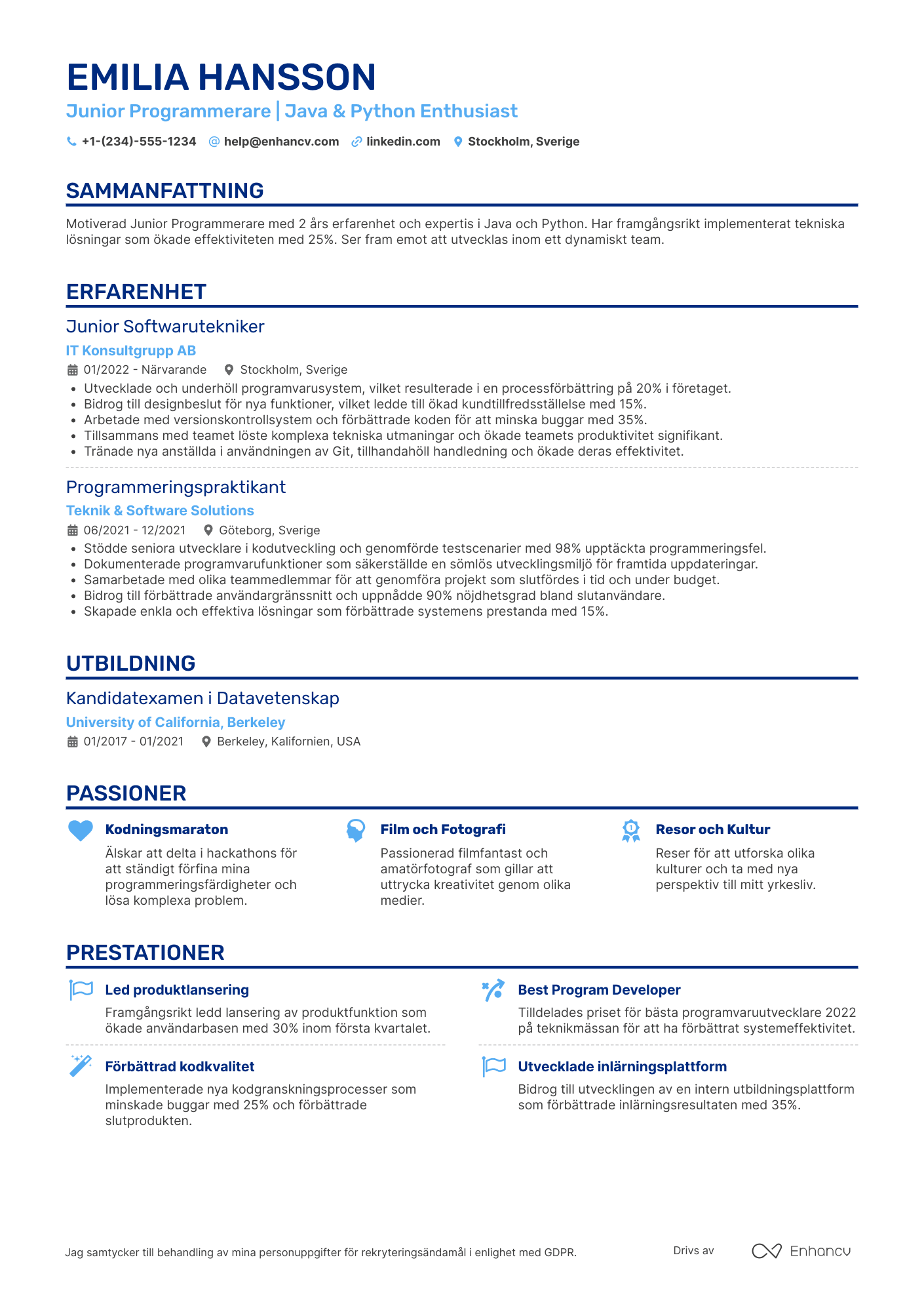 CV för Junior Programmerare Resume Example